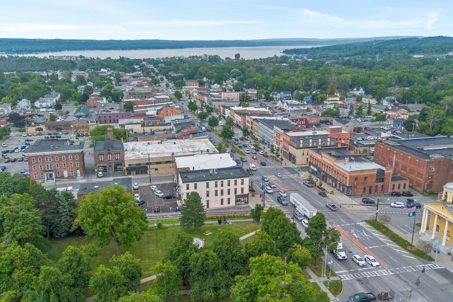 Aerial view of downtown and the lake