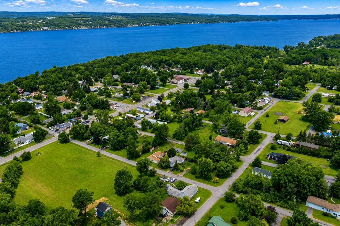 Aerial view of the neighborhood and lake
