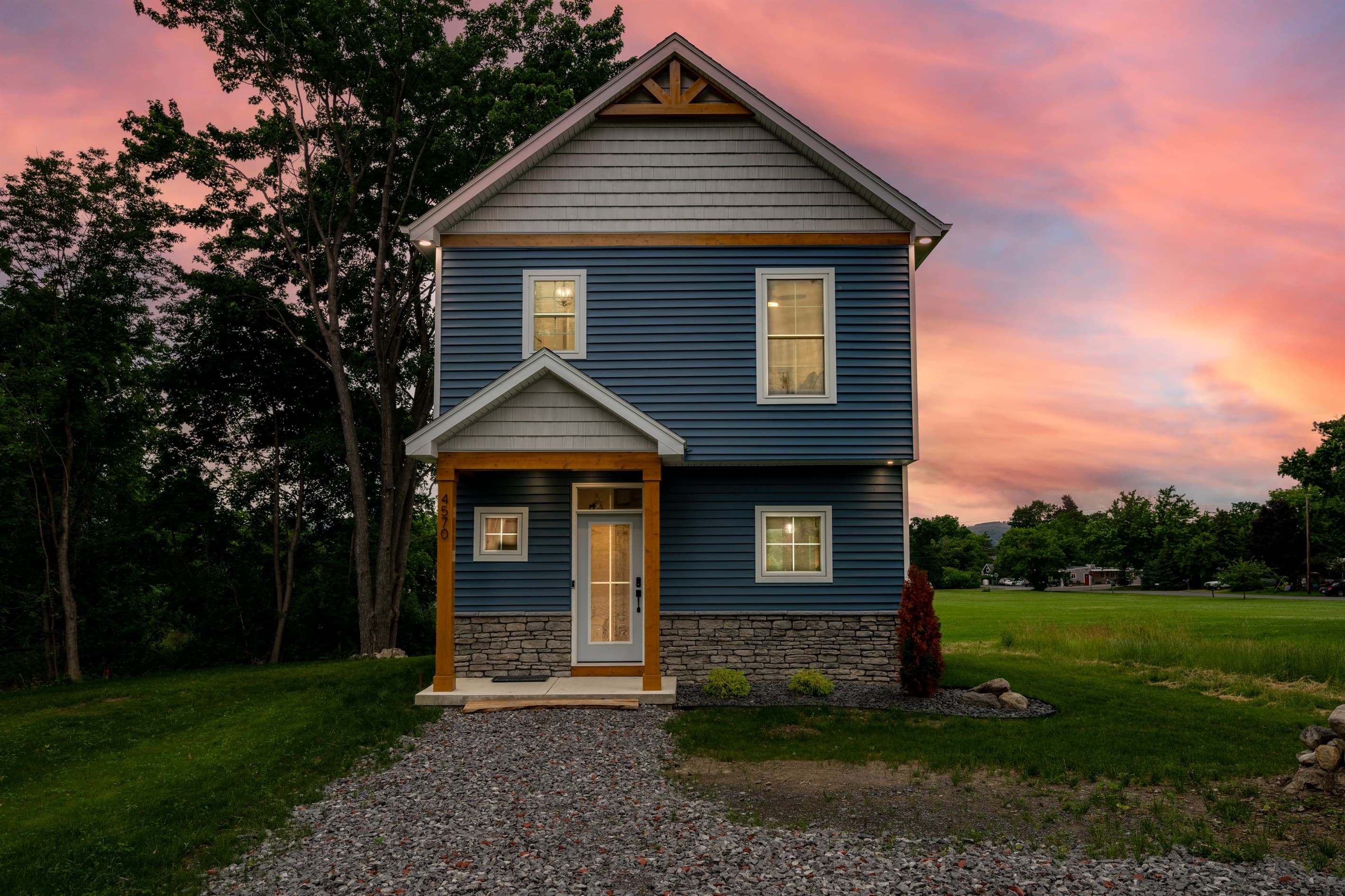 Two-story exterior at sunset