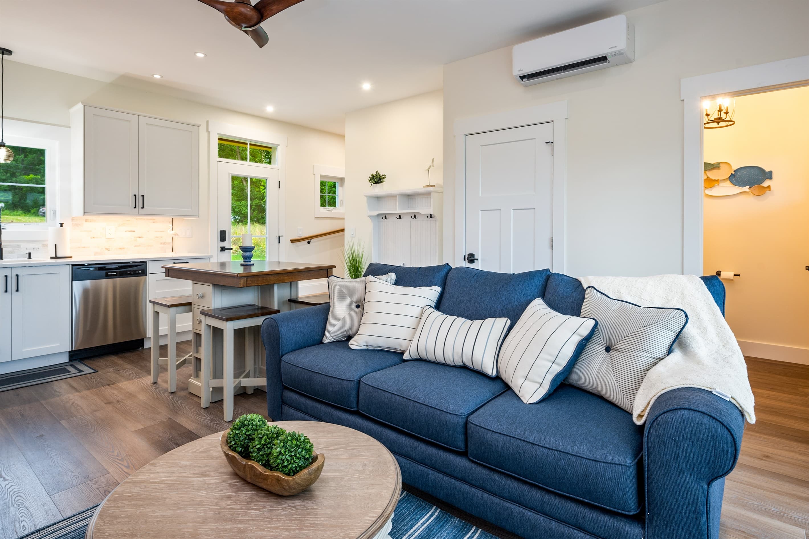 Living room with blue sectional sofa