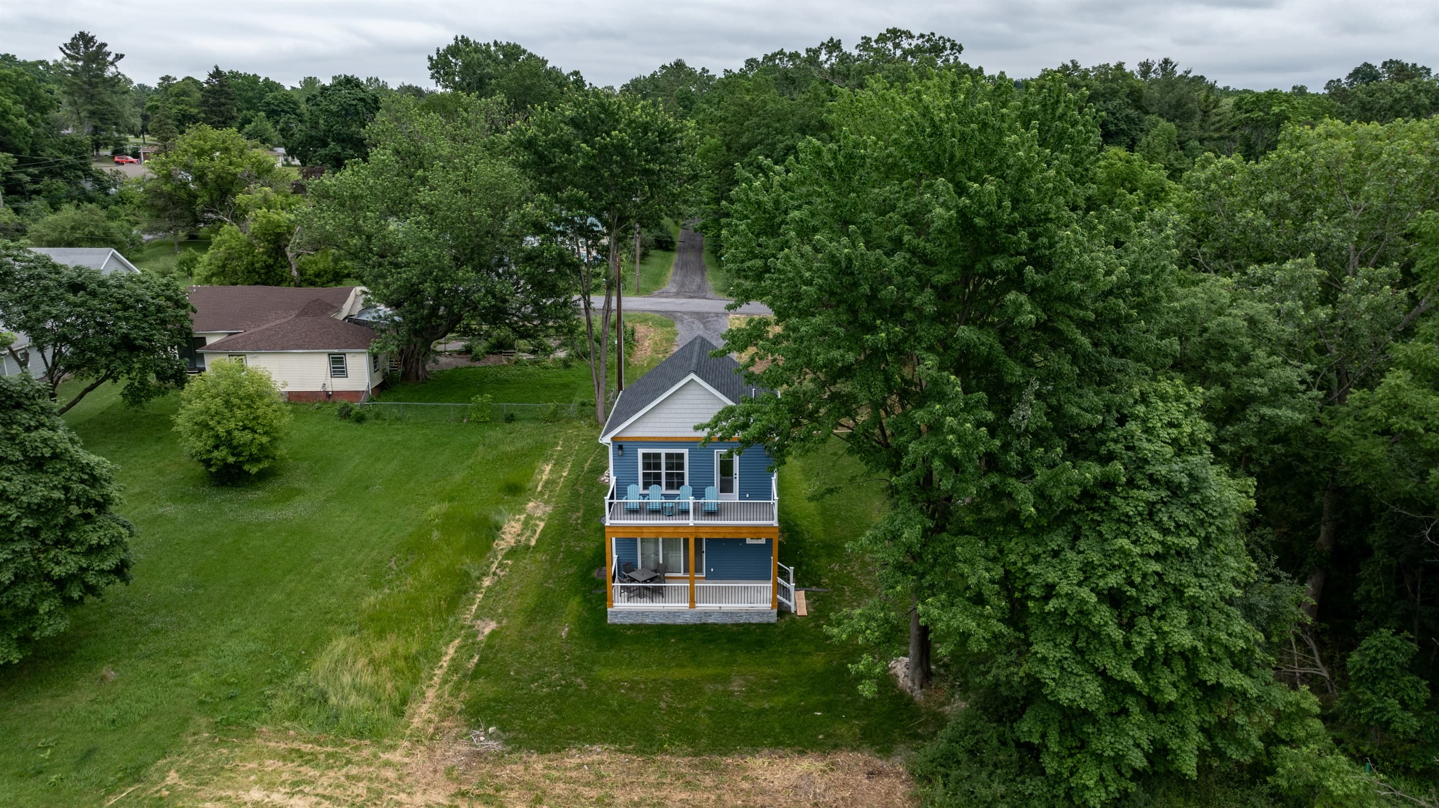 Aerial view of the home and balconies