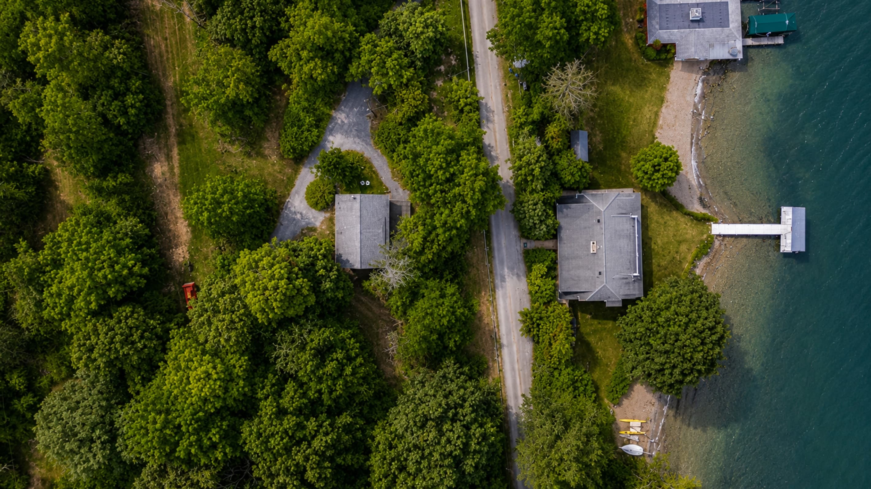 Aerial view of the wooded property and driveway