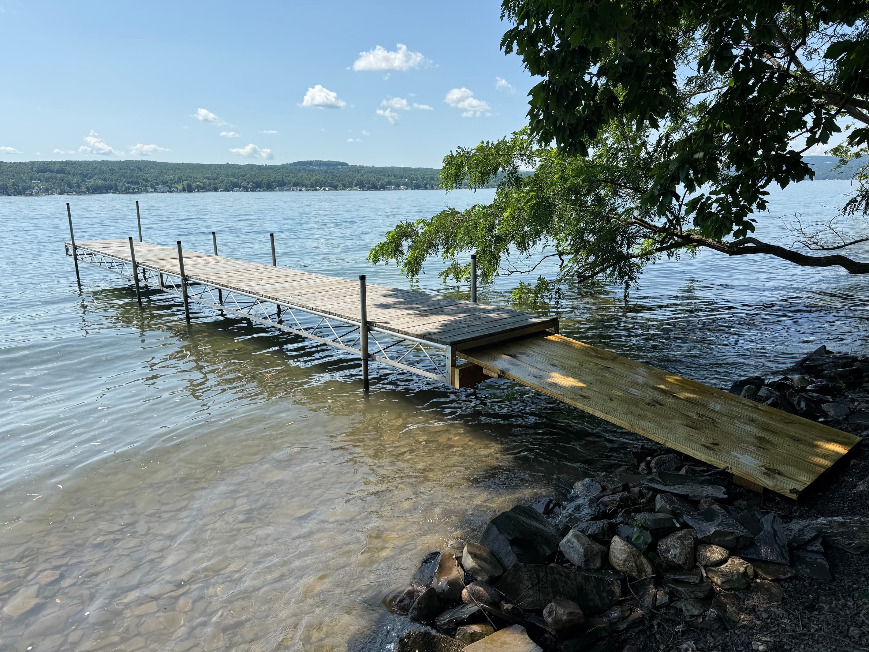 Private dock extending from the rocky shoreline