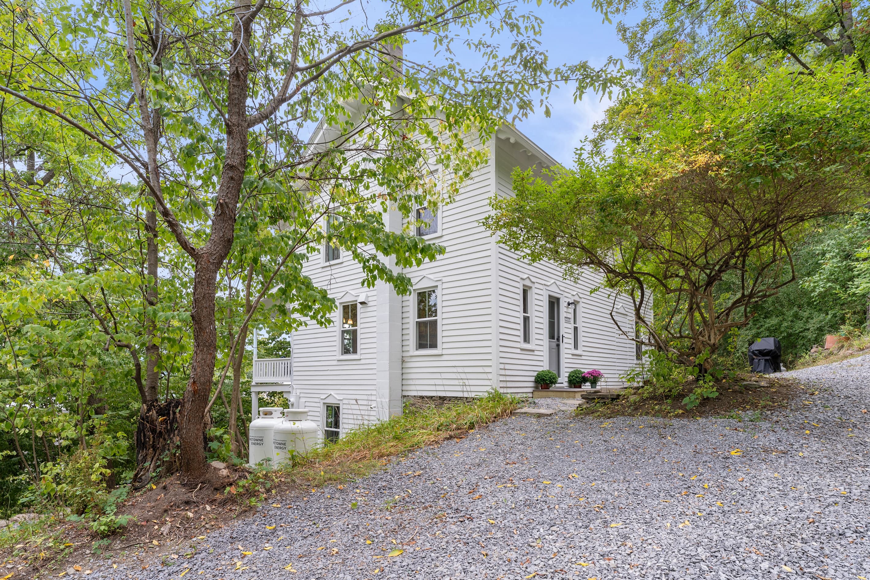 White home surrounded by mature trees