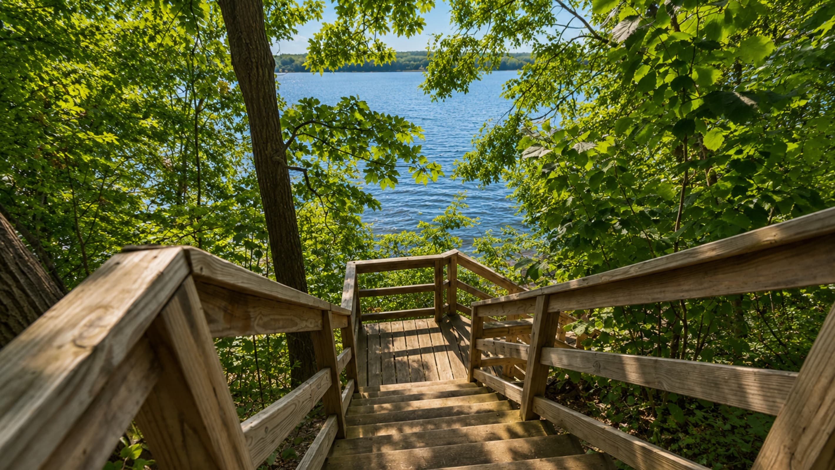 Wooden stairs leading toward the lake