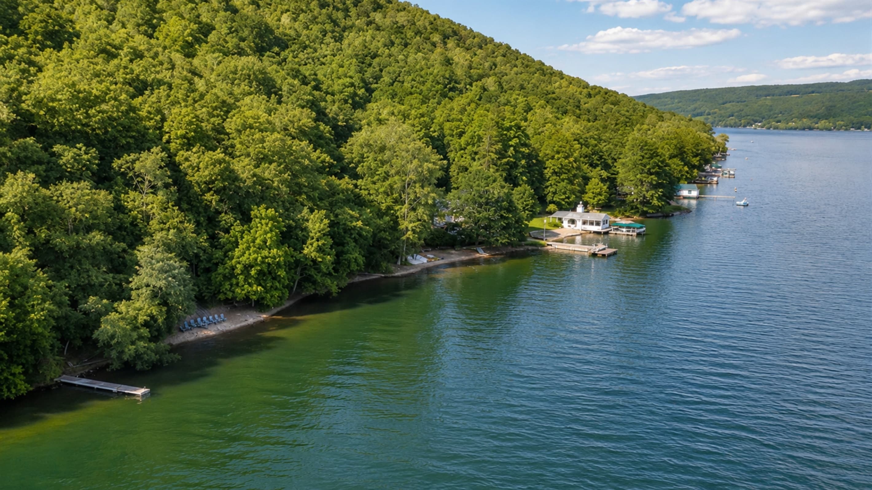 Aerial view of the wooded shoreline