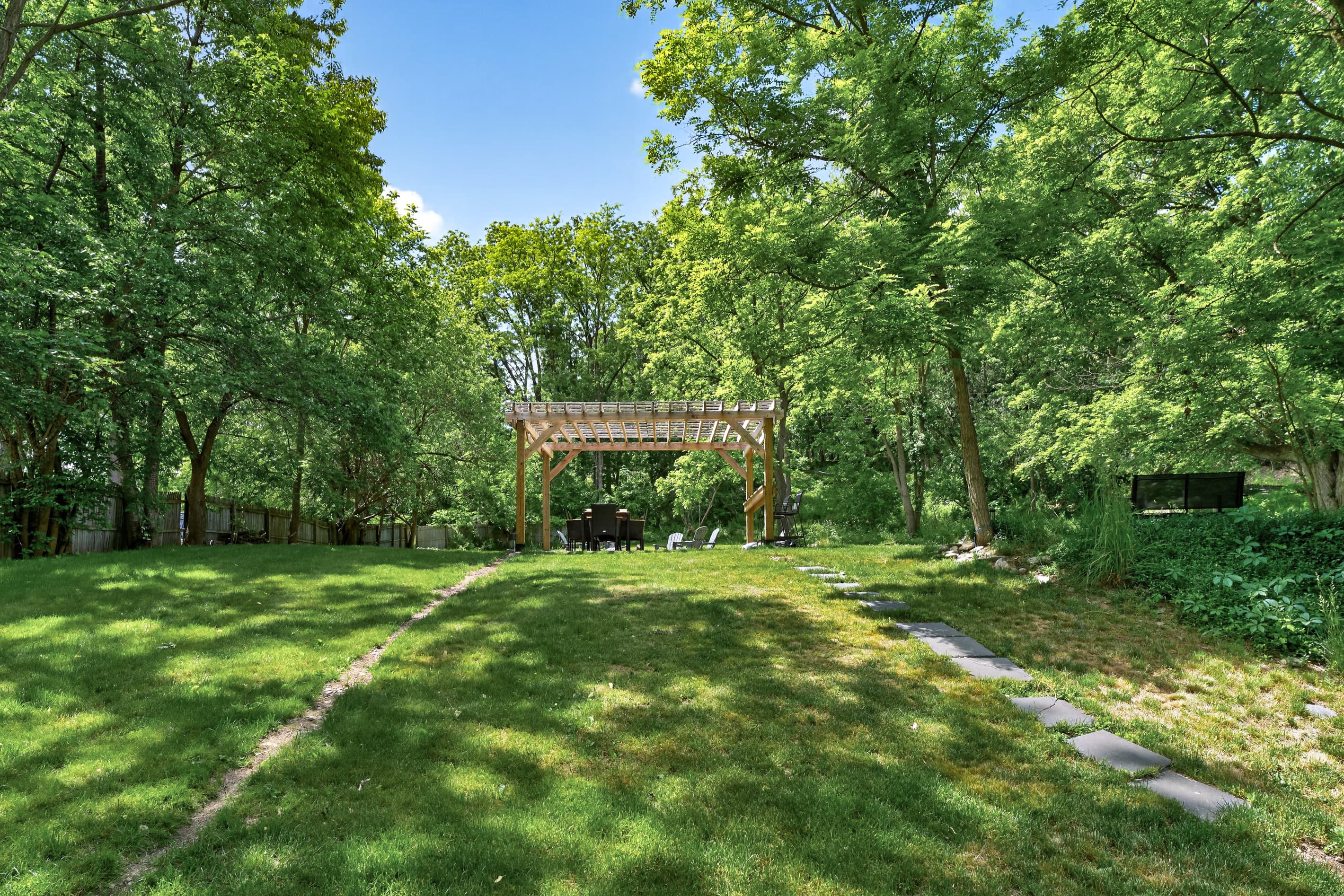 Open lawn with pergola in the distance