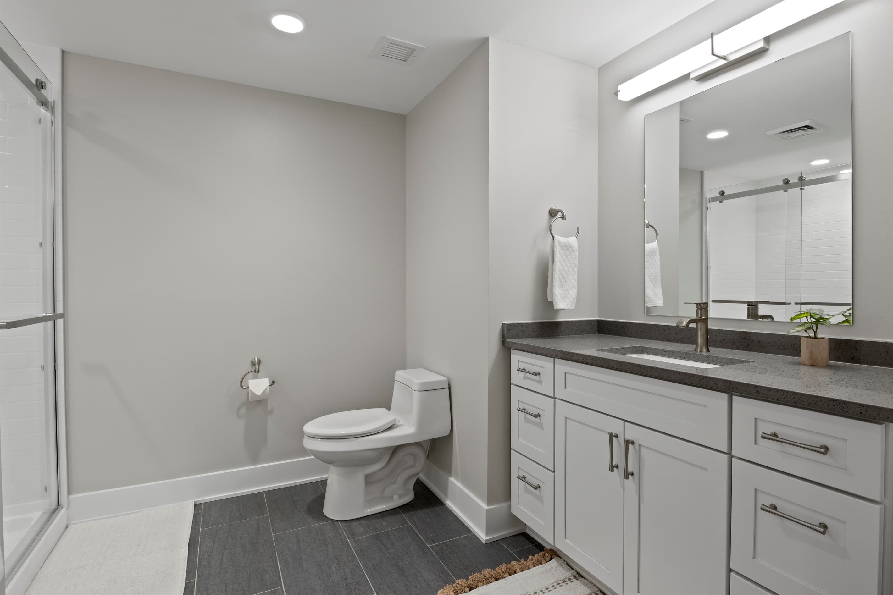 Full bathroom with dark grey sink top and glass shower