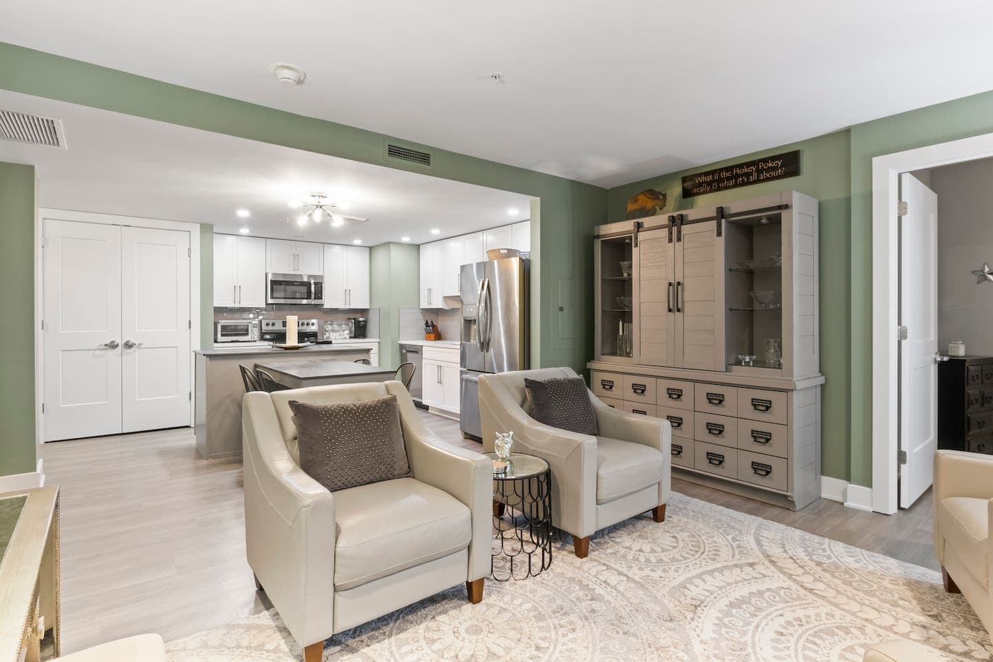 Open living space with kitchen access