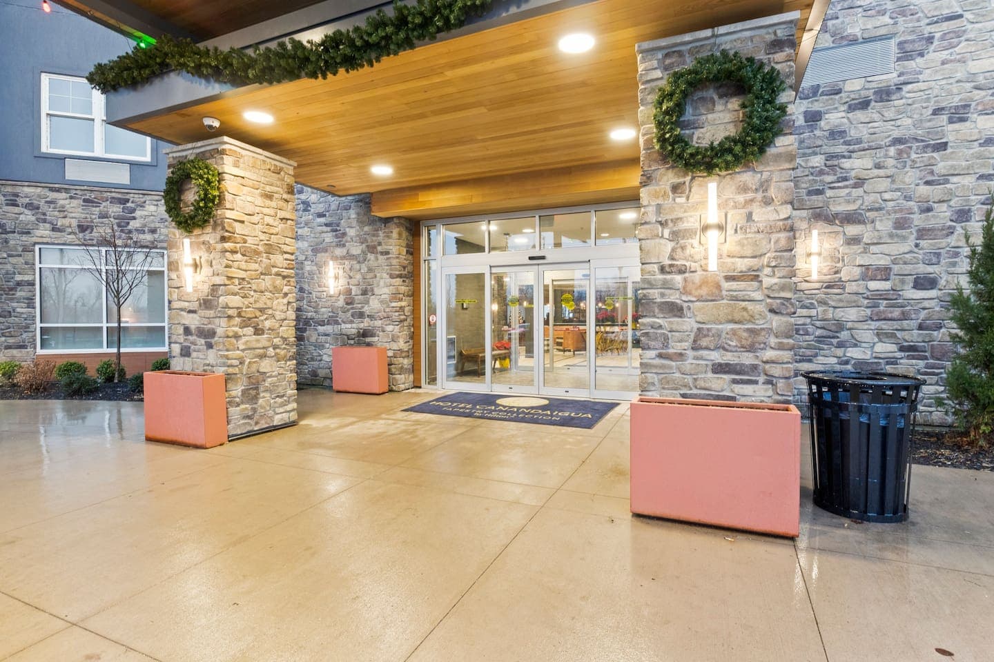 Main entrance with stone accent walls