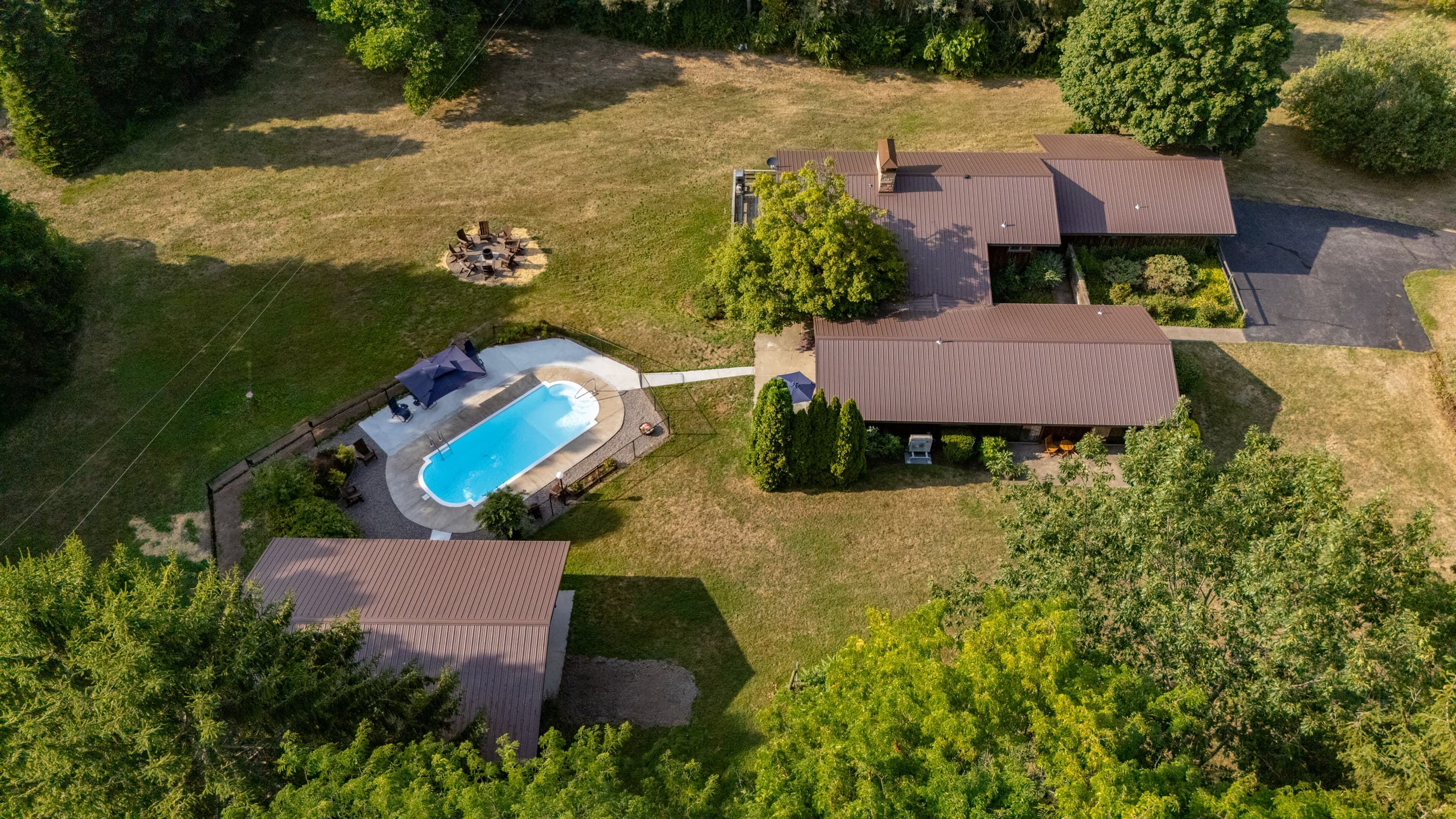 Aerial view of the estate and pool