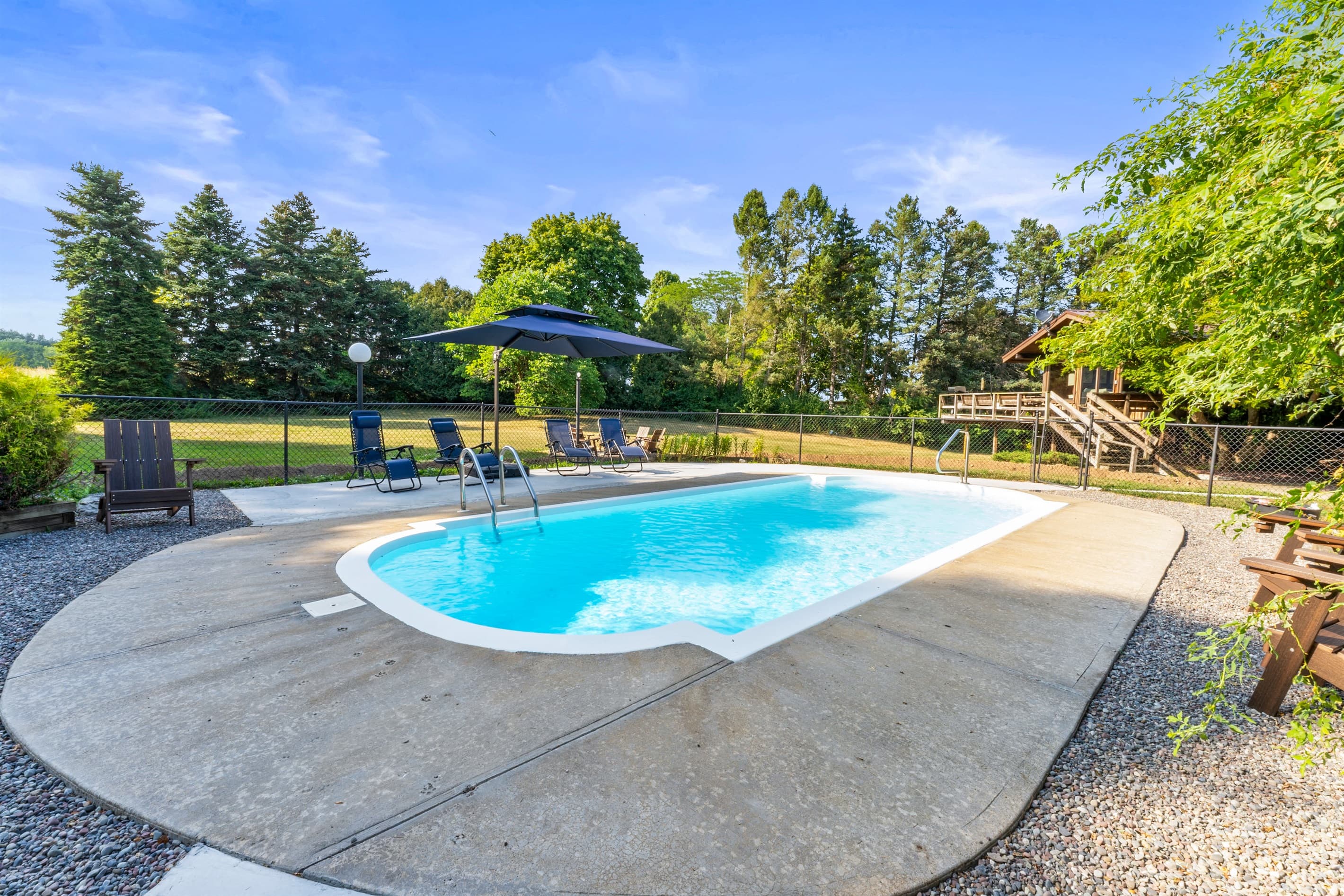 In-ground pool bordered by mature landscaping