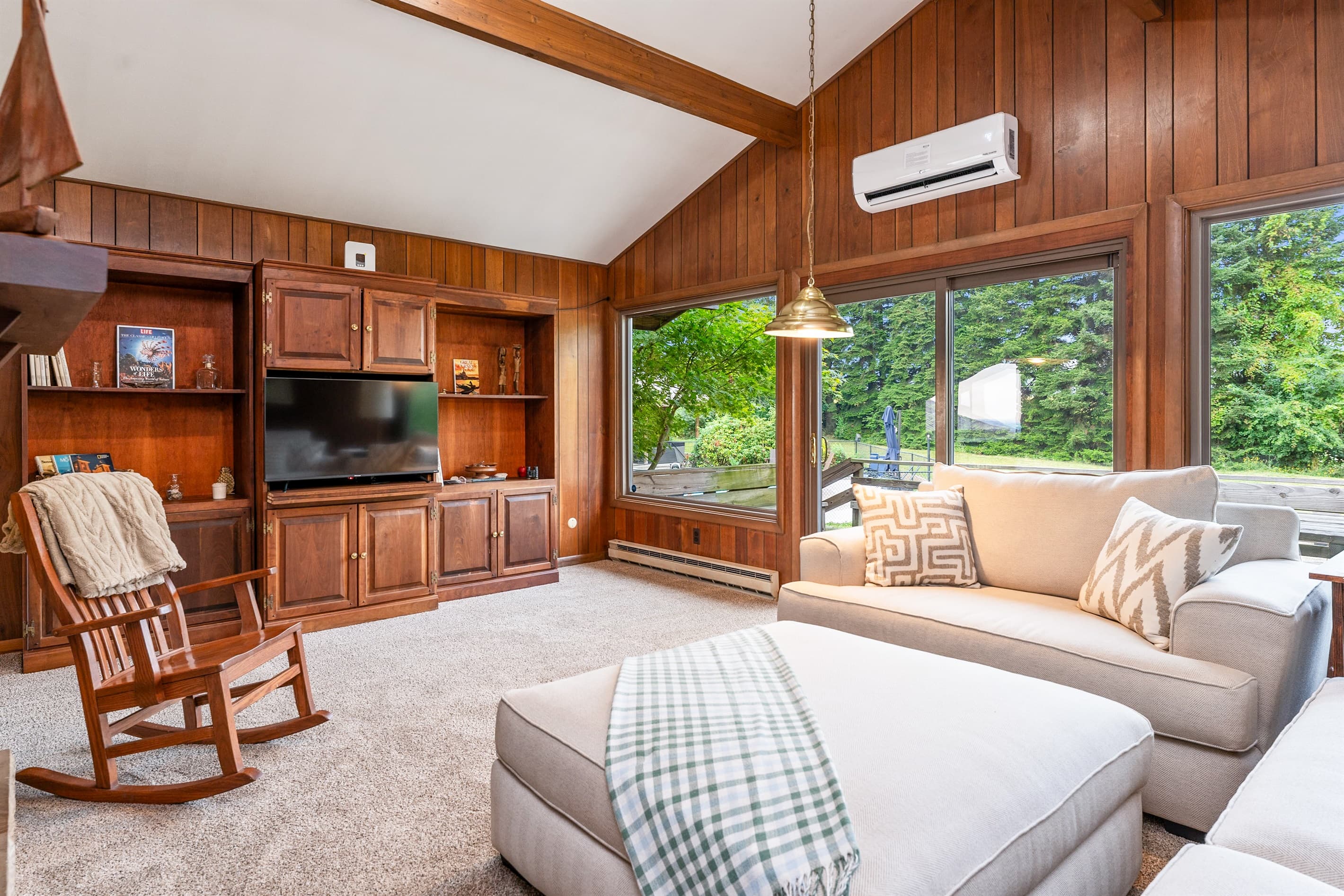Sunlit living room with wood-paneled walls