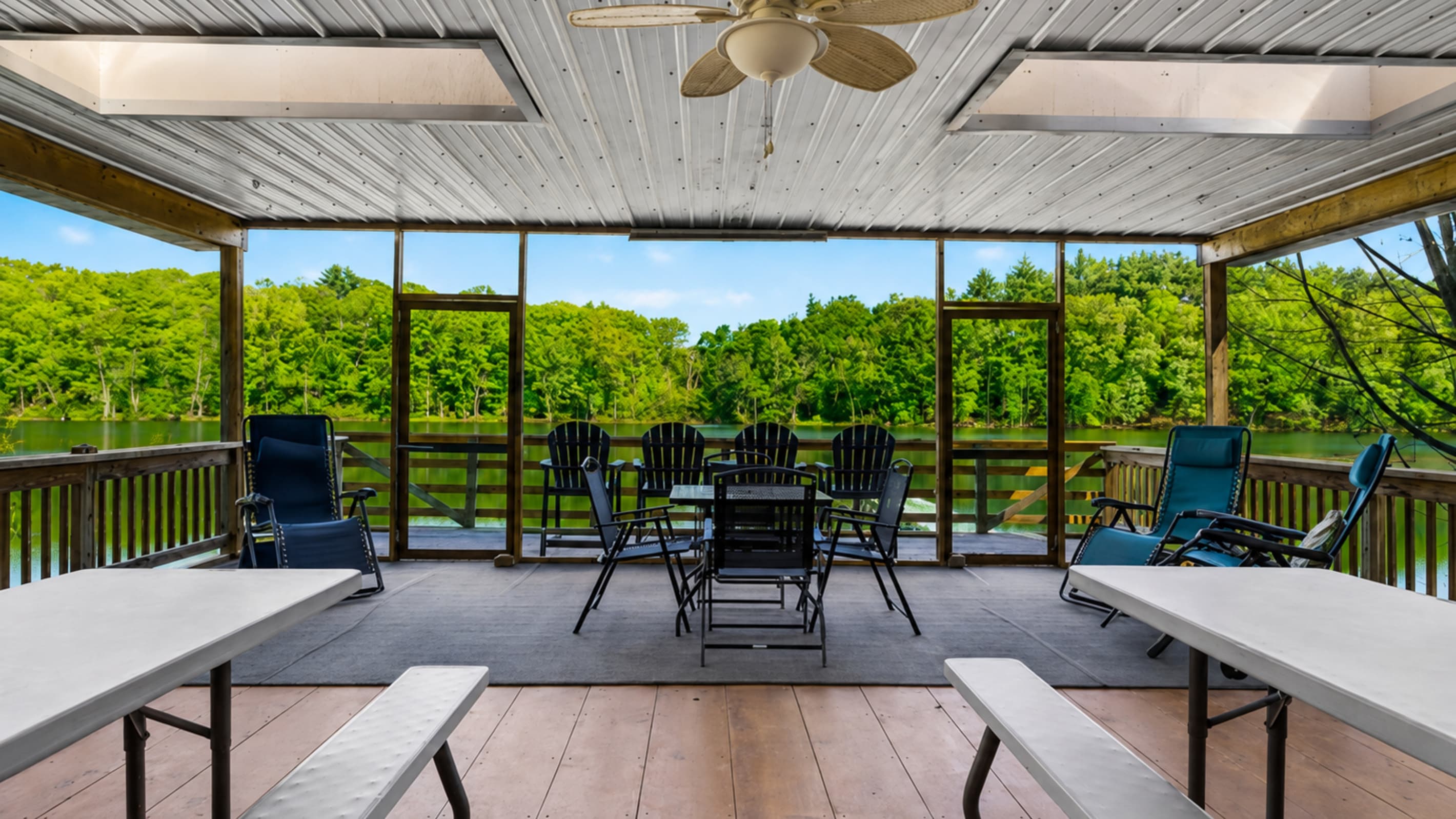 Dining table inside the screened pavilion