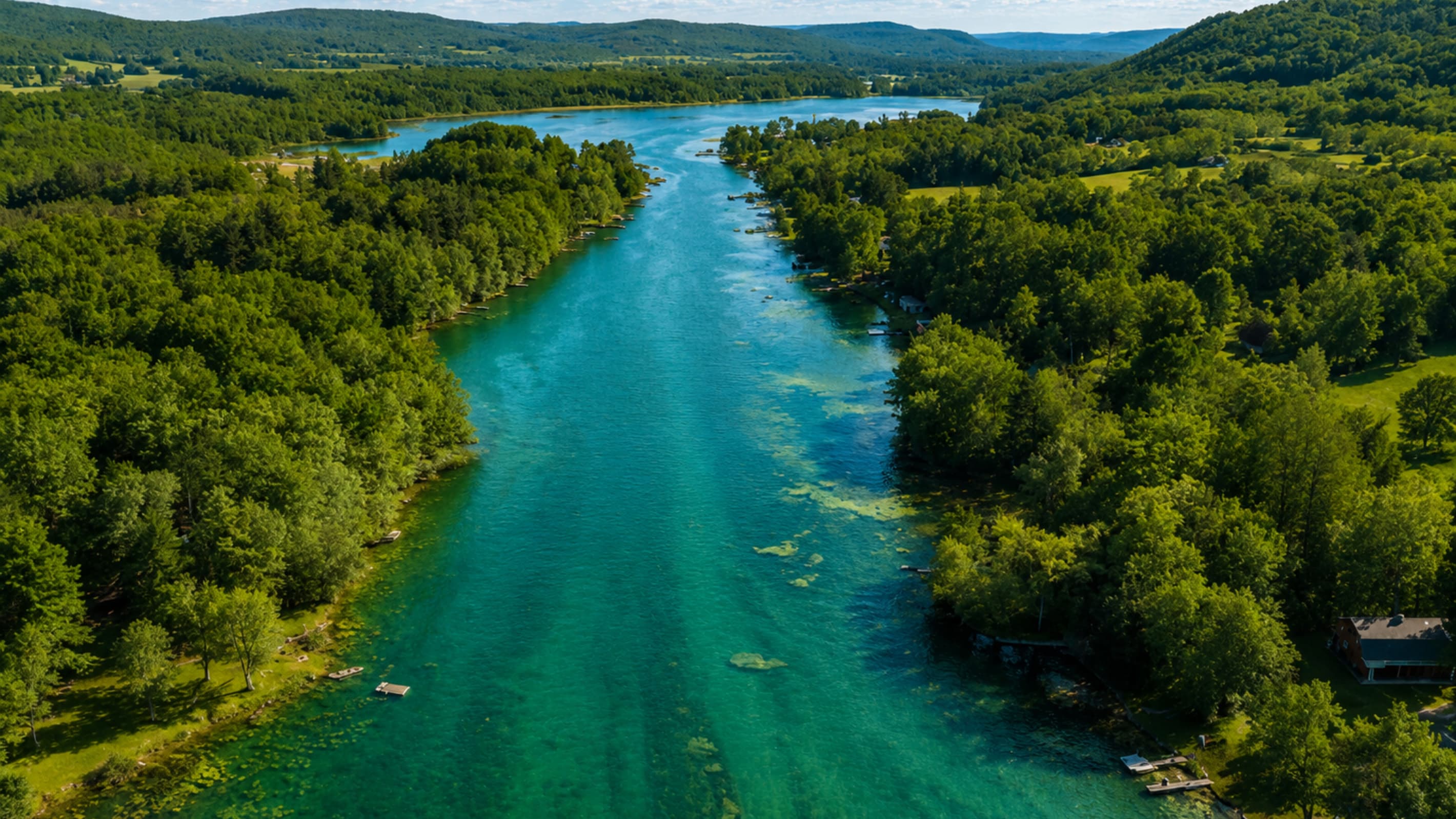 Wide aerial view across the lake