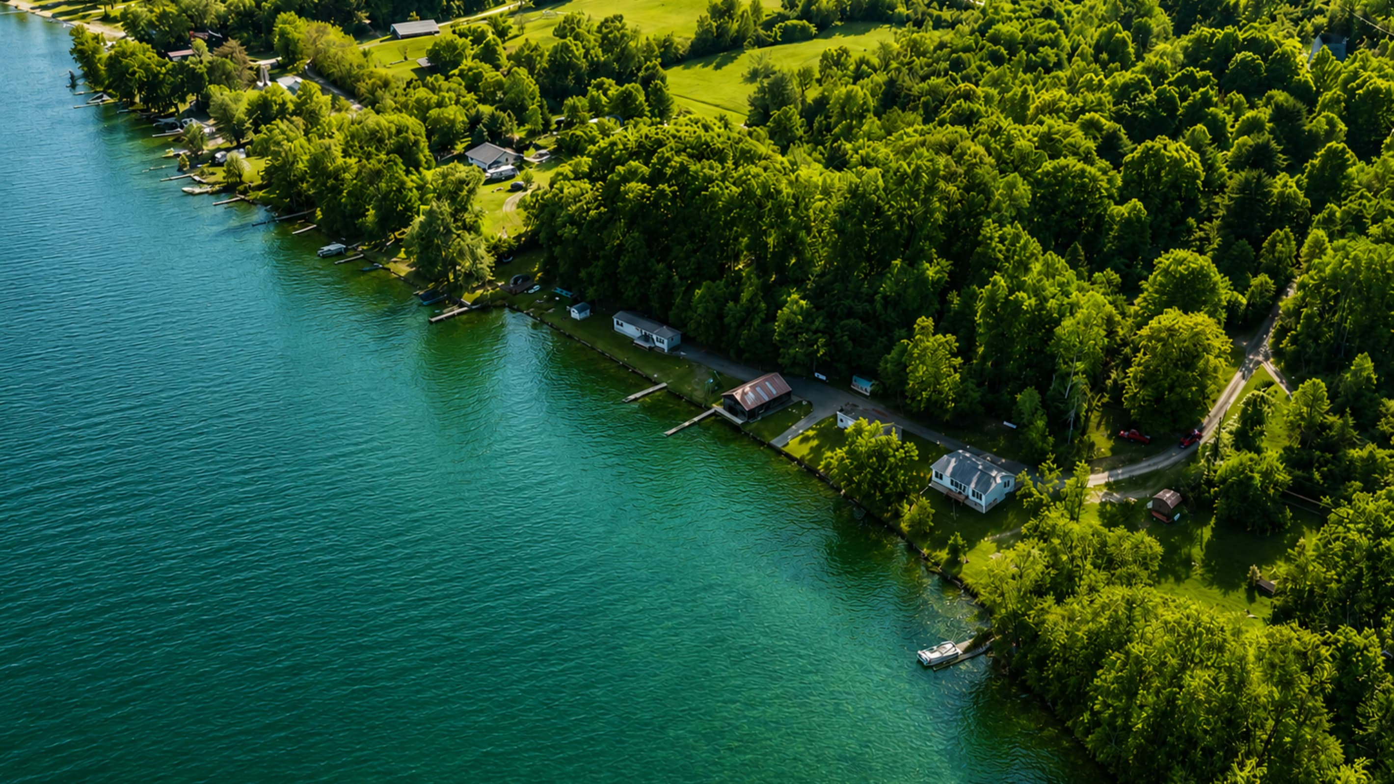 Waterfront cabins beneath mature trees