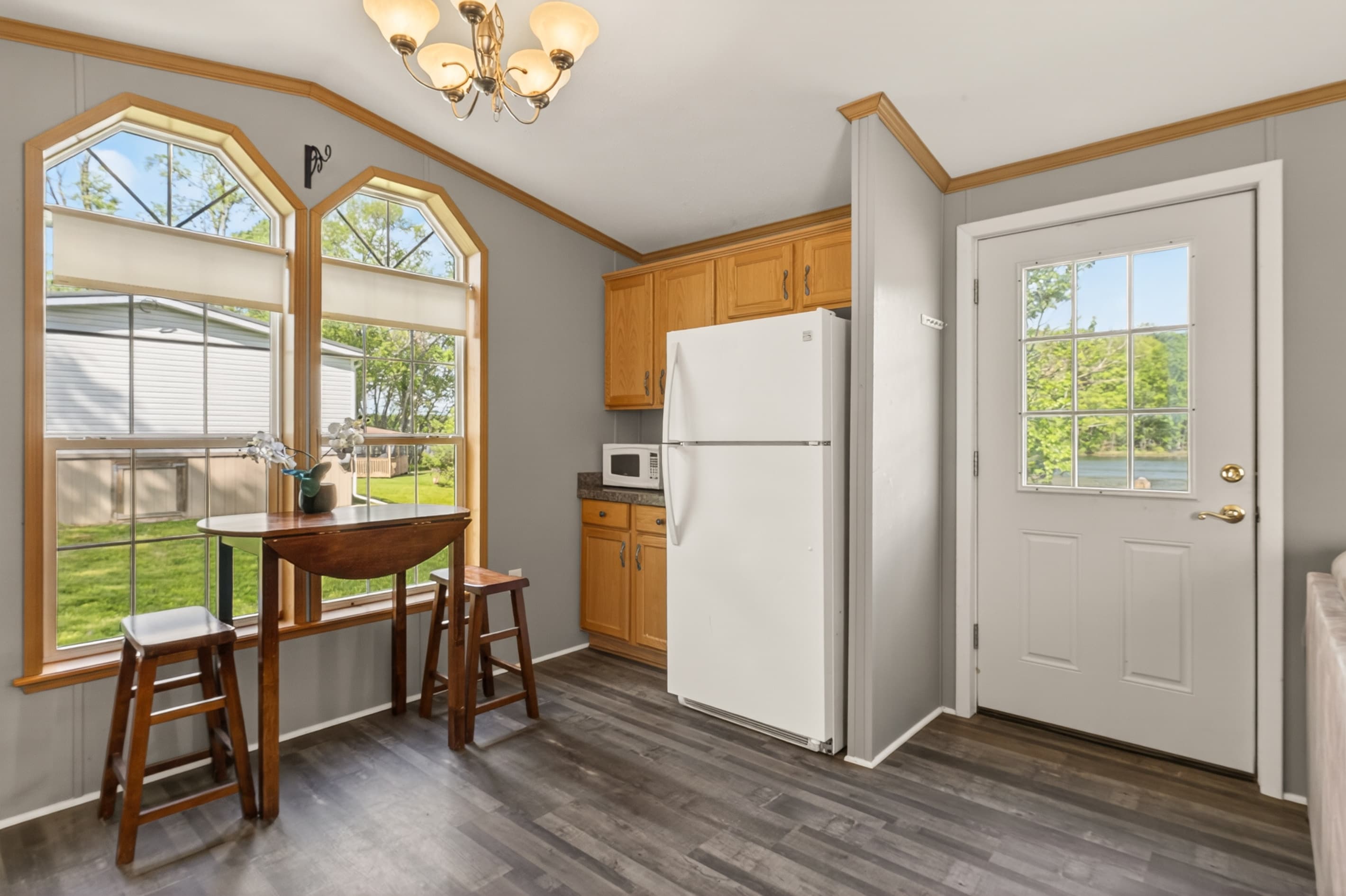 Cabin #2 kitchen beside large windows with a view