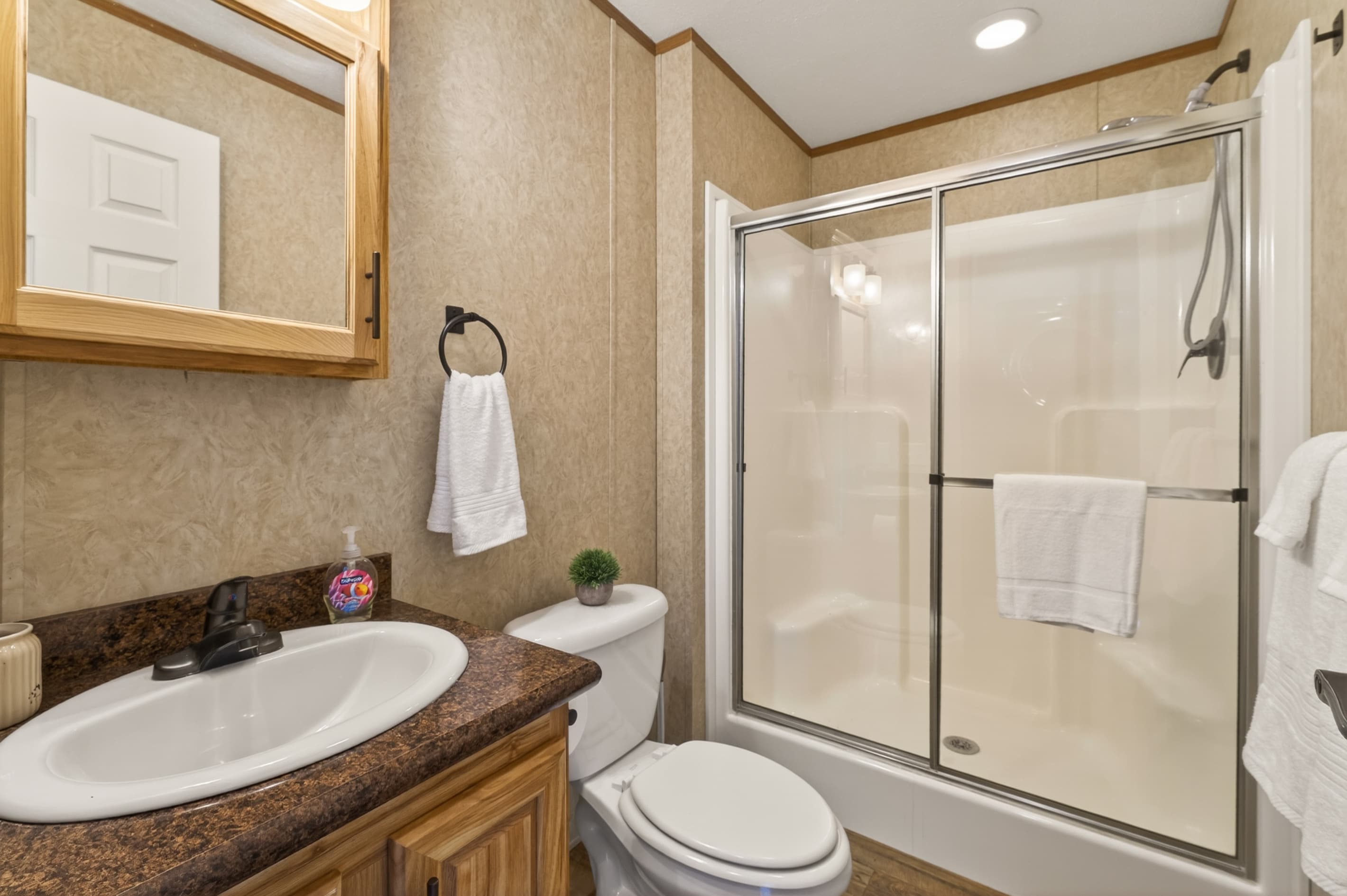 Cabin #3 bathroom with glass tub enclosure