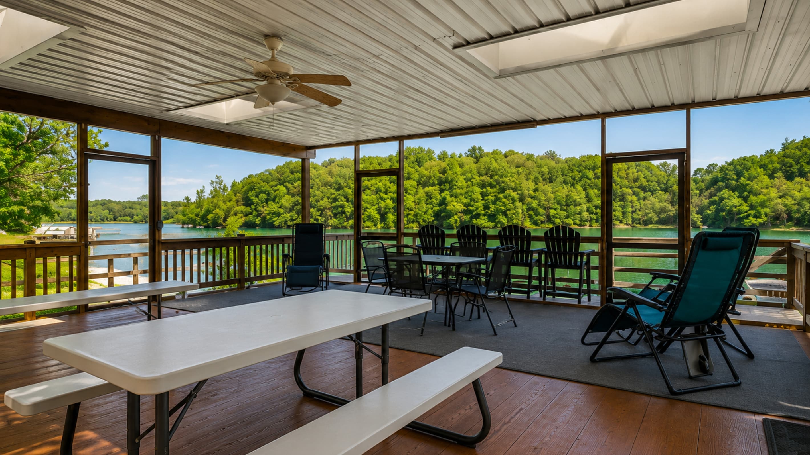 Pavilion dining area with ceiling fan