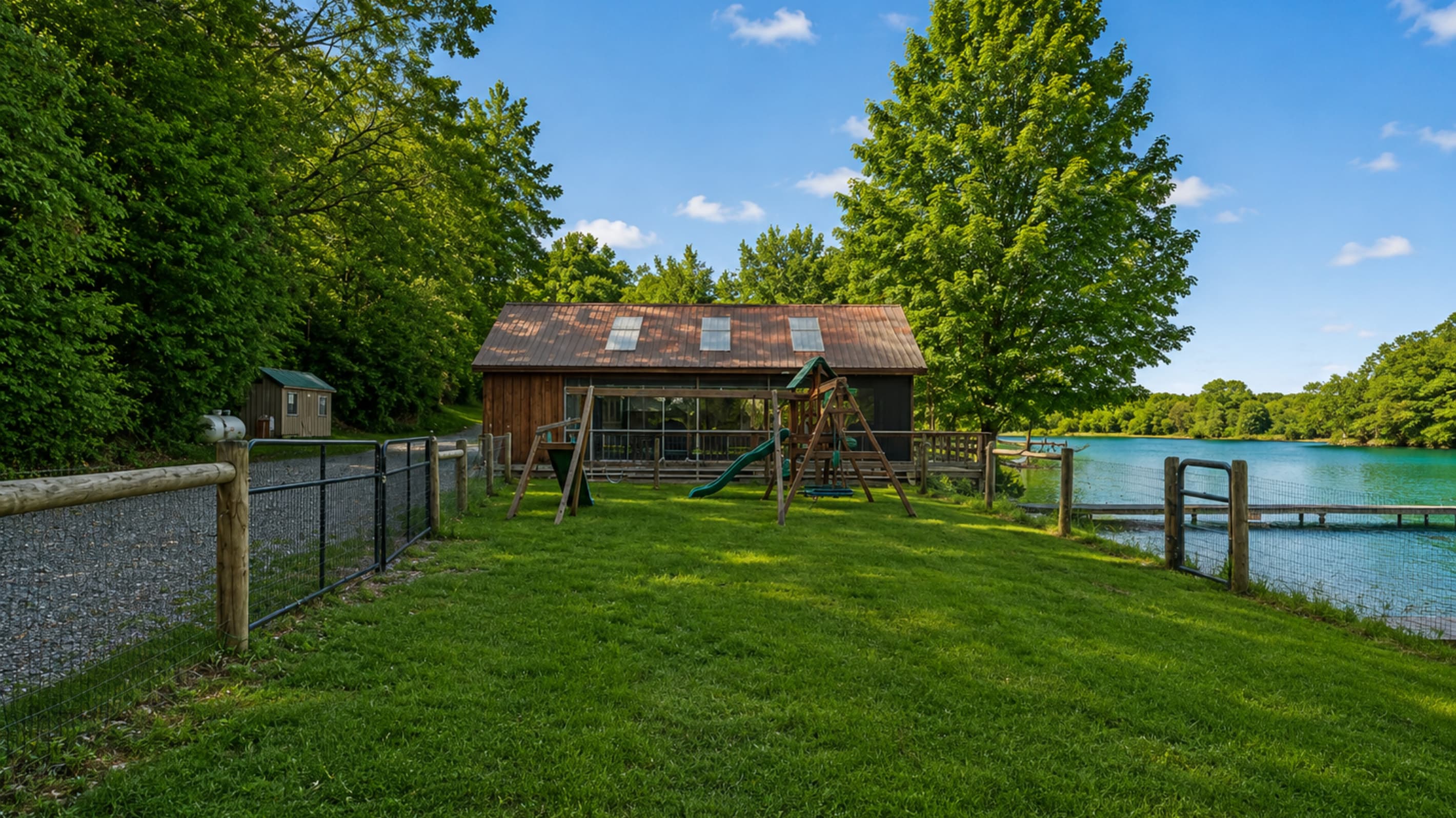 Cabin #3 fenced playground beside the water
