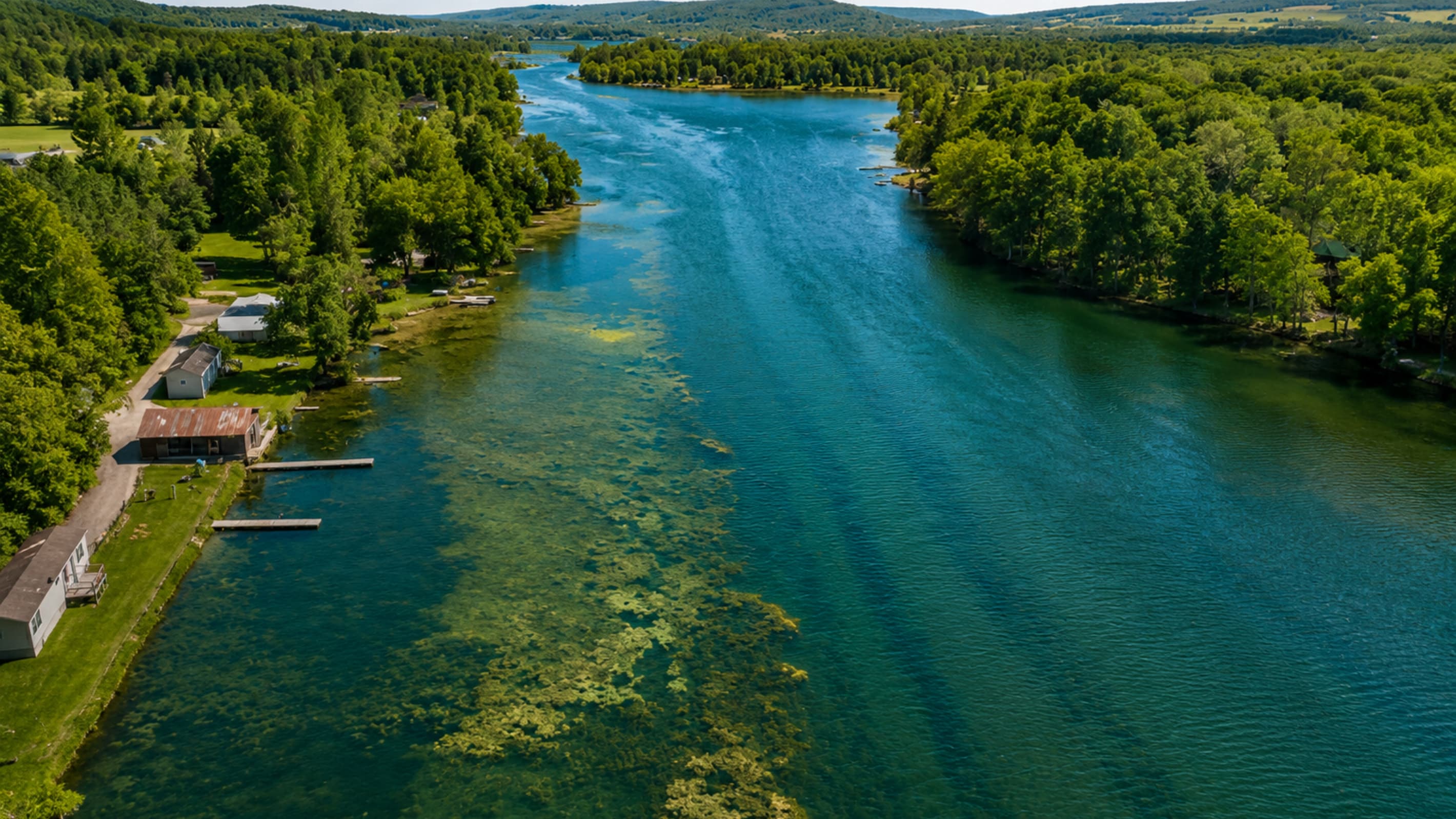 Wooded shoreline surrounding clear blue water