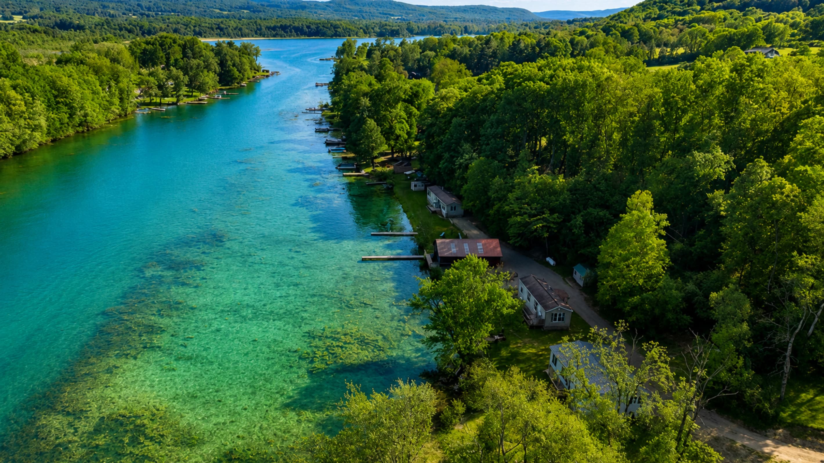 Aerial view of waterfront cabins among trees