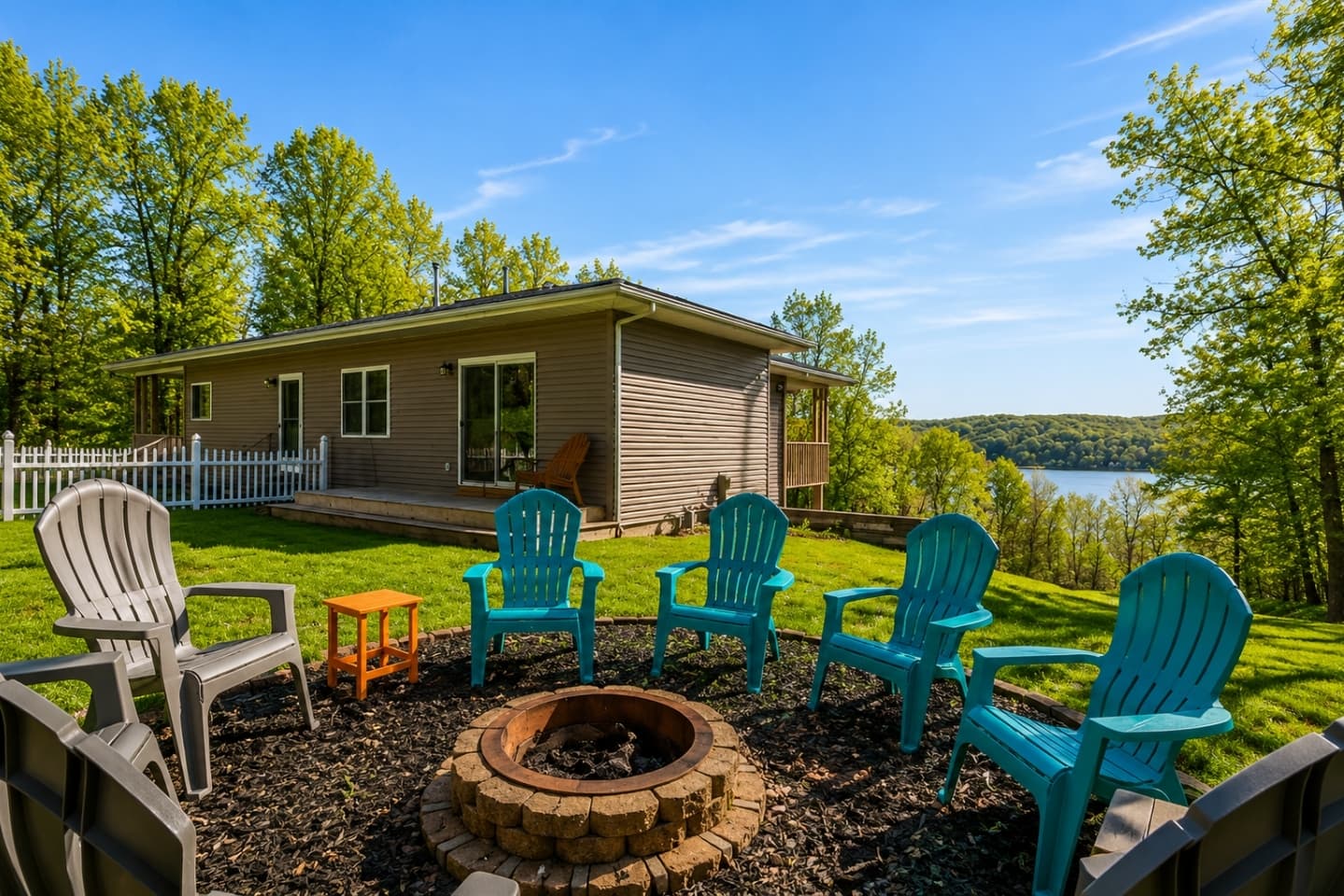 Fire pit surrounded by Adirondack chairs