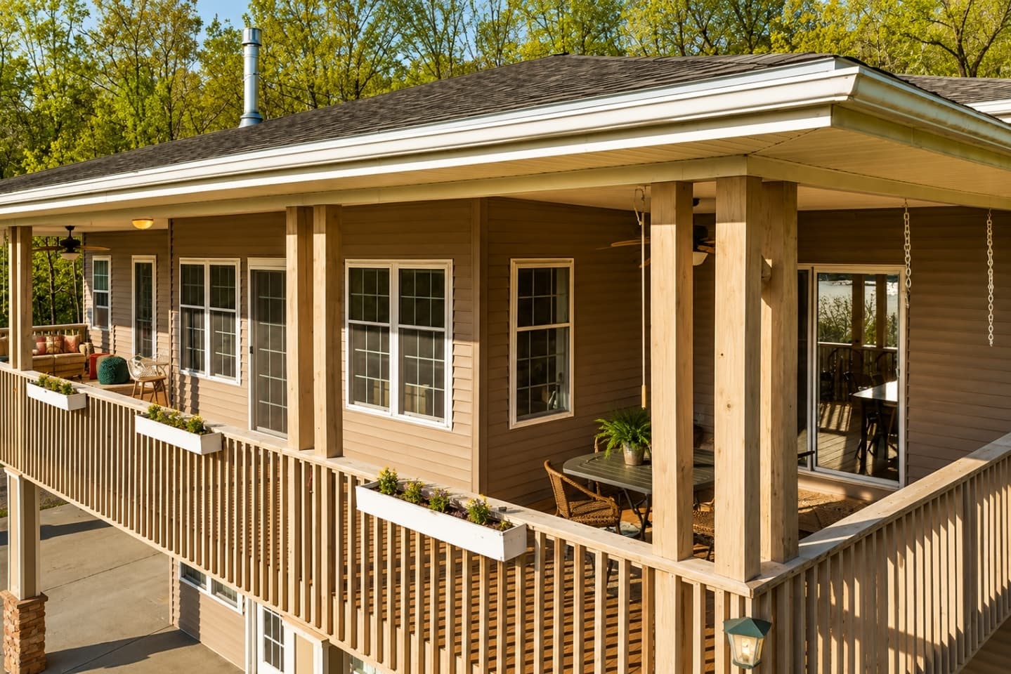 Elevated deck spanning the rear exterior