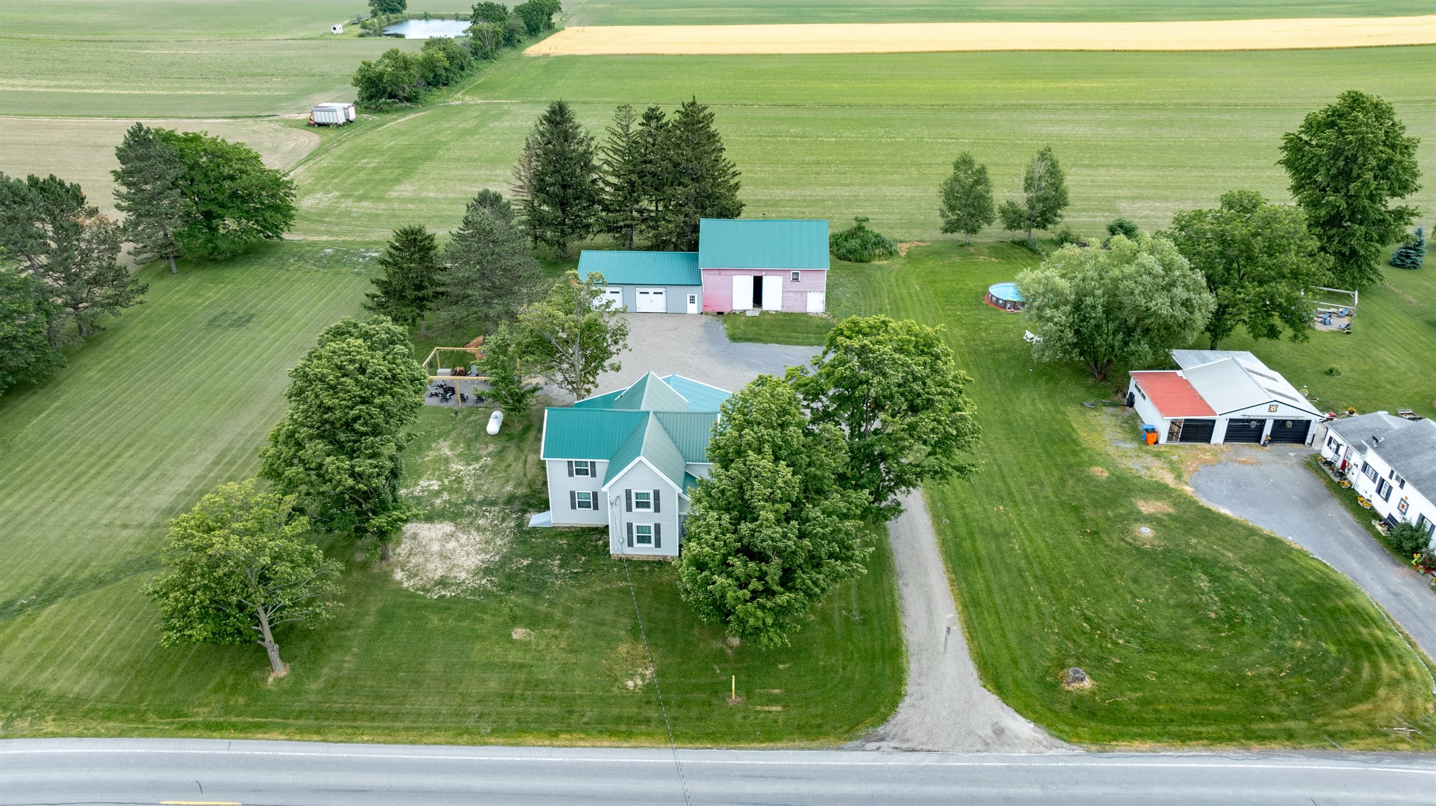Aerial view of the farmhouse and grounds