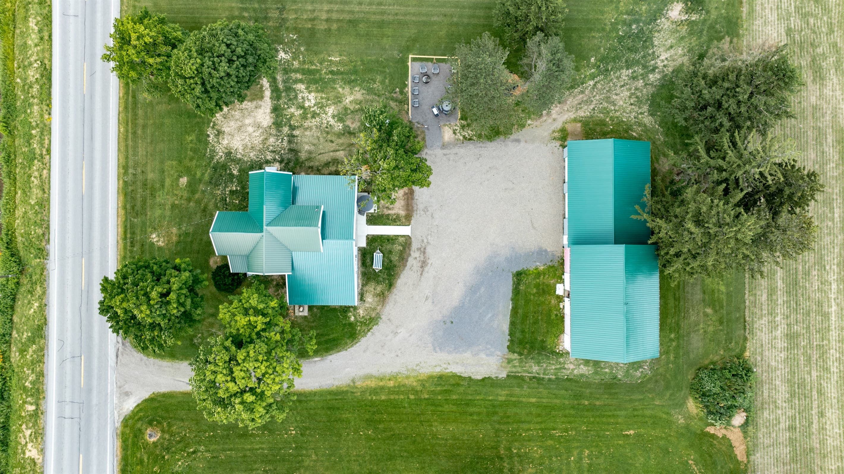Overhead view of the home and driveway