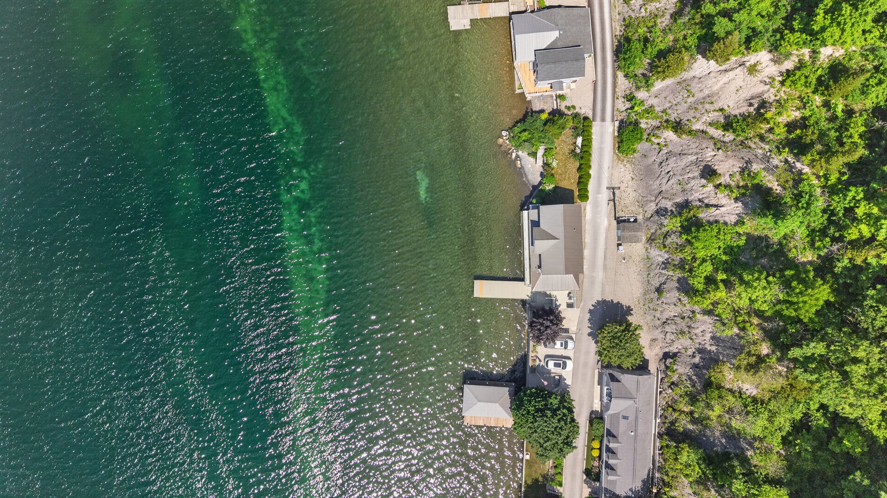 Narrow lakeside property viewed from above