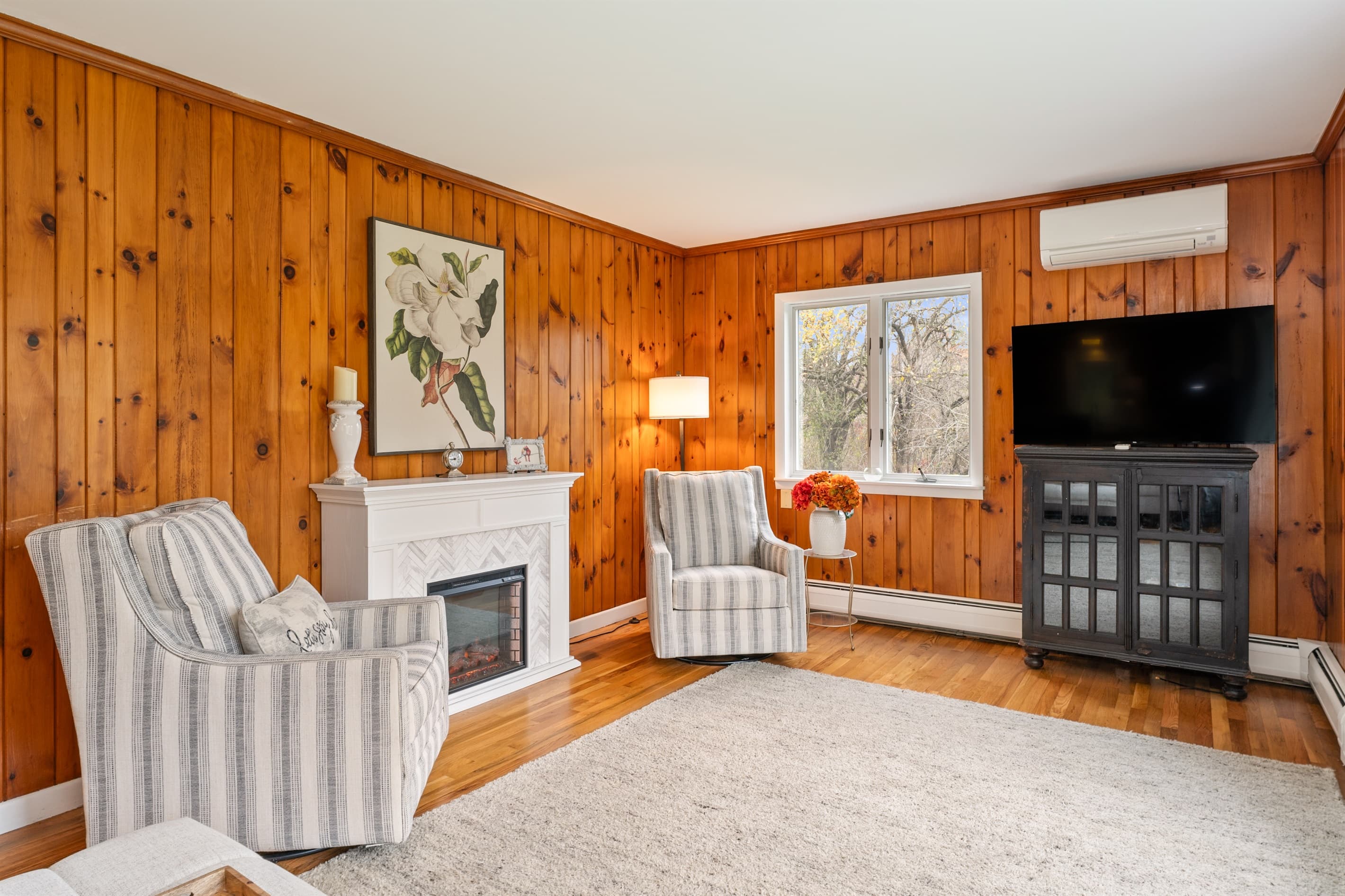 Wood-paneled living room with electric fireplace