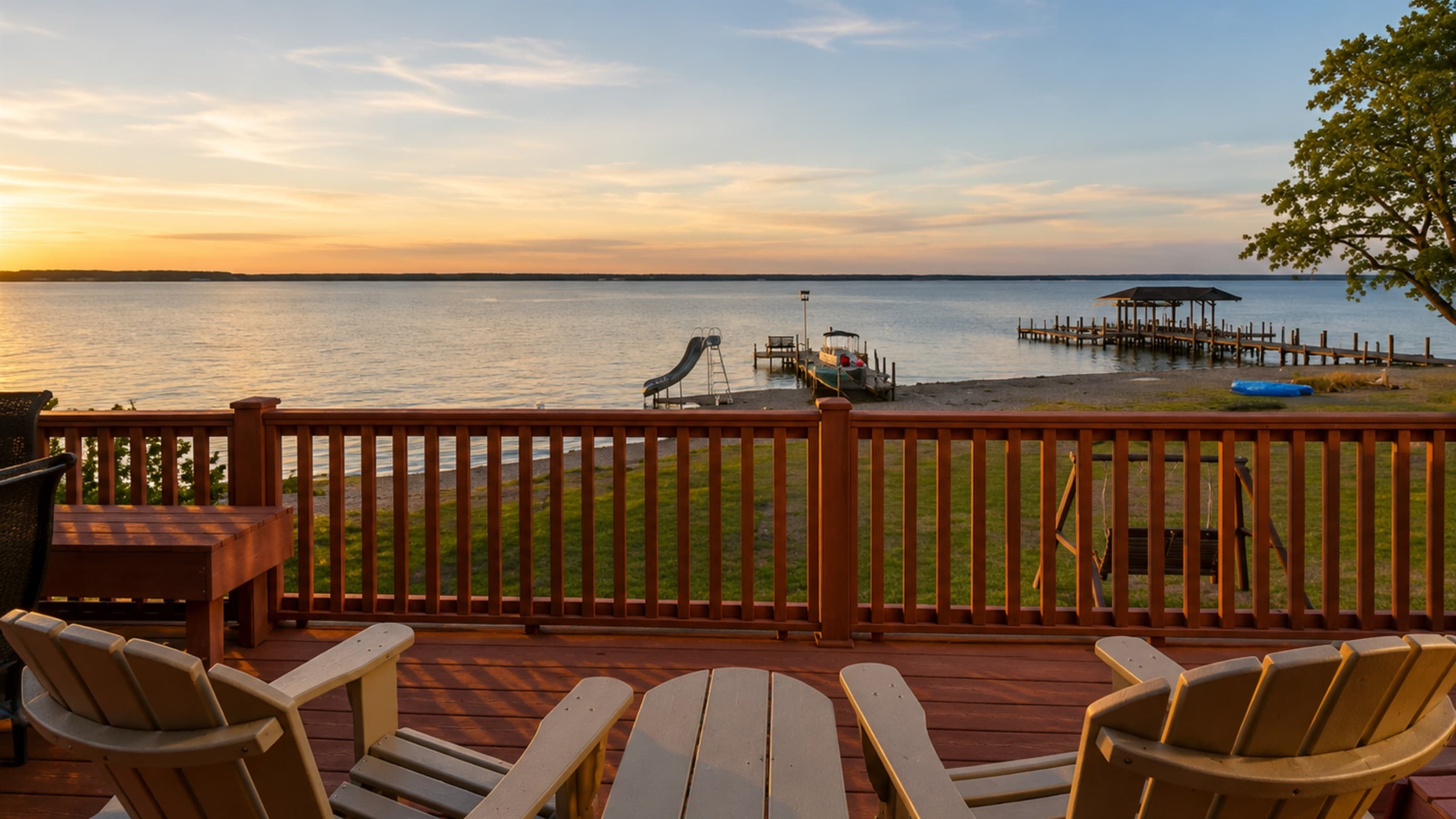 Sunset lake view from the spacious deck