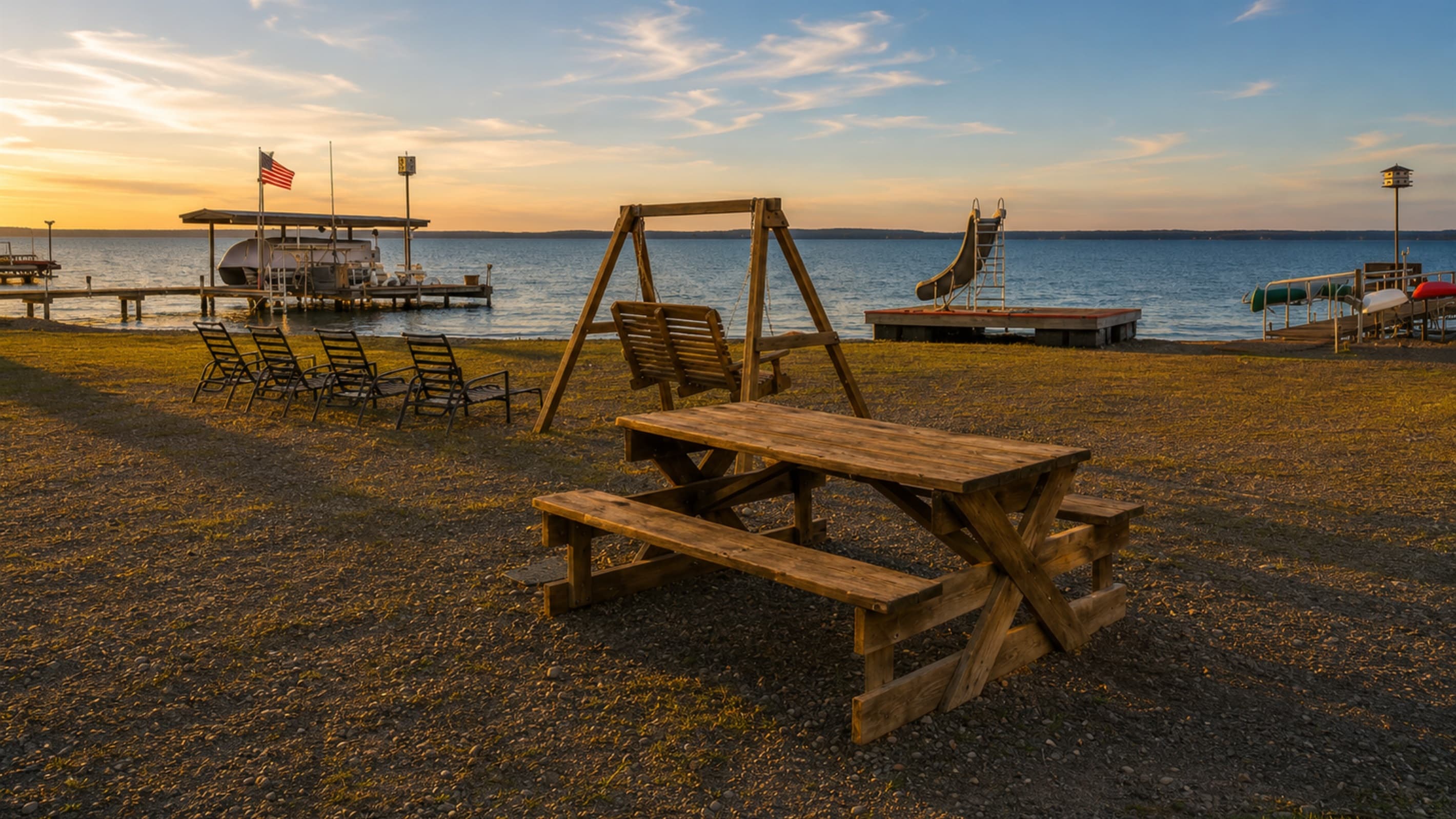 Lakeside picnic area beside the private dock