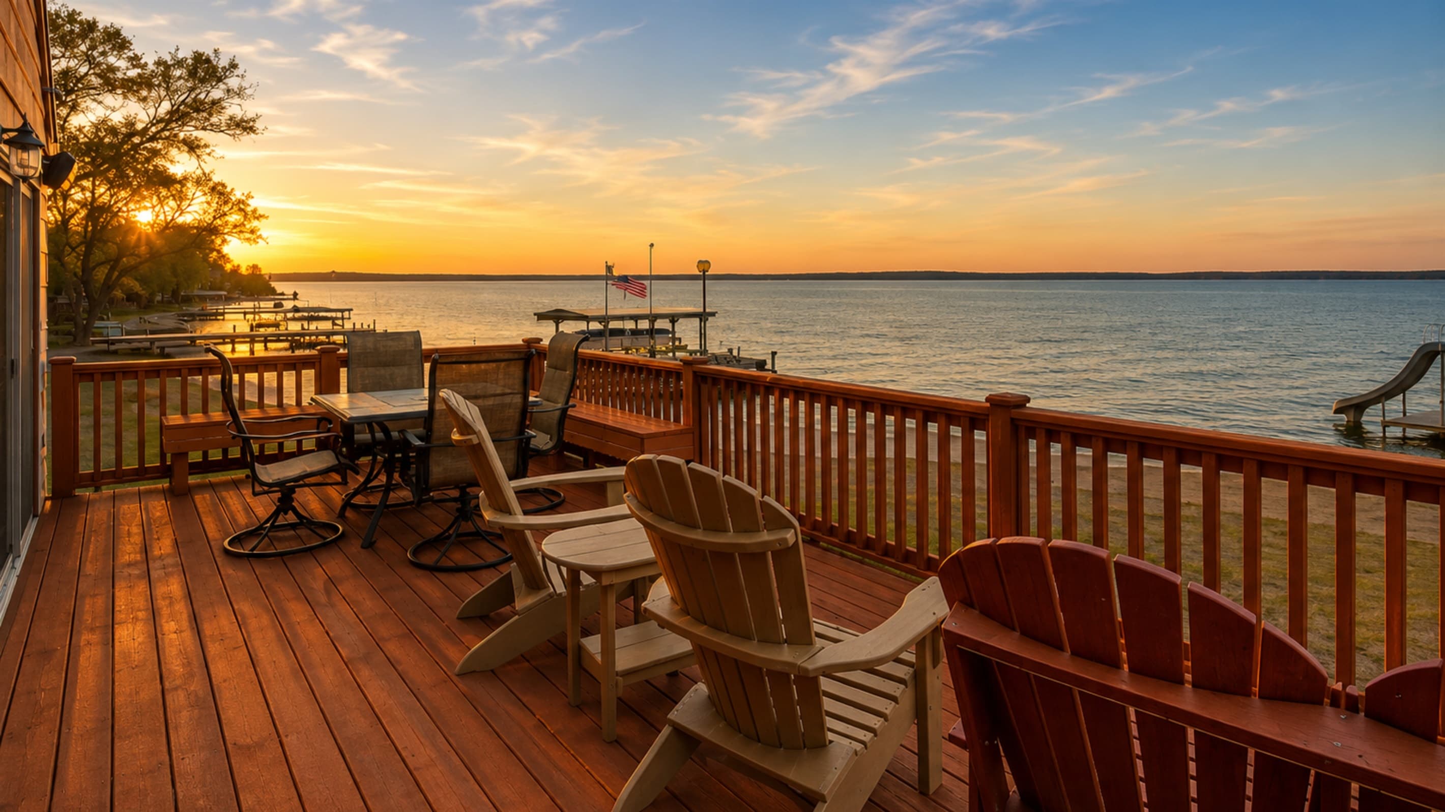 Deck seating overlooking the lake at sunset