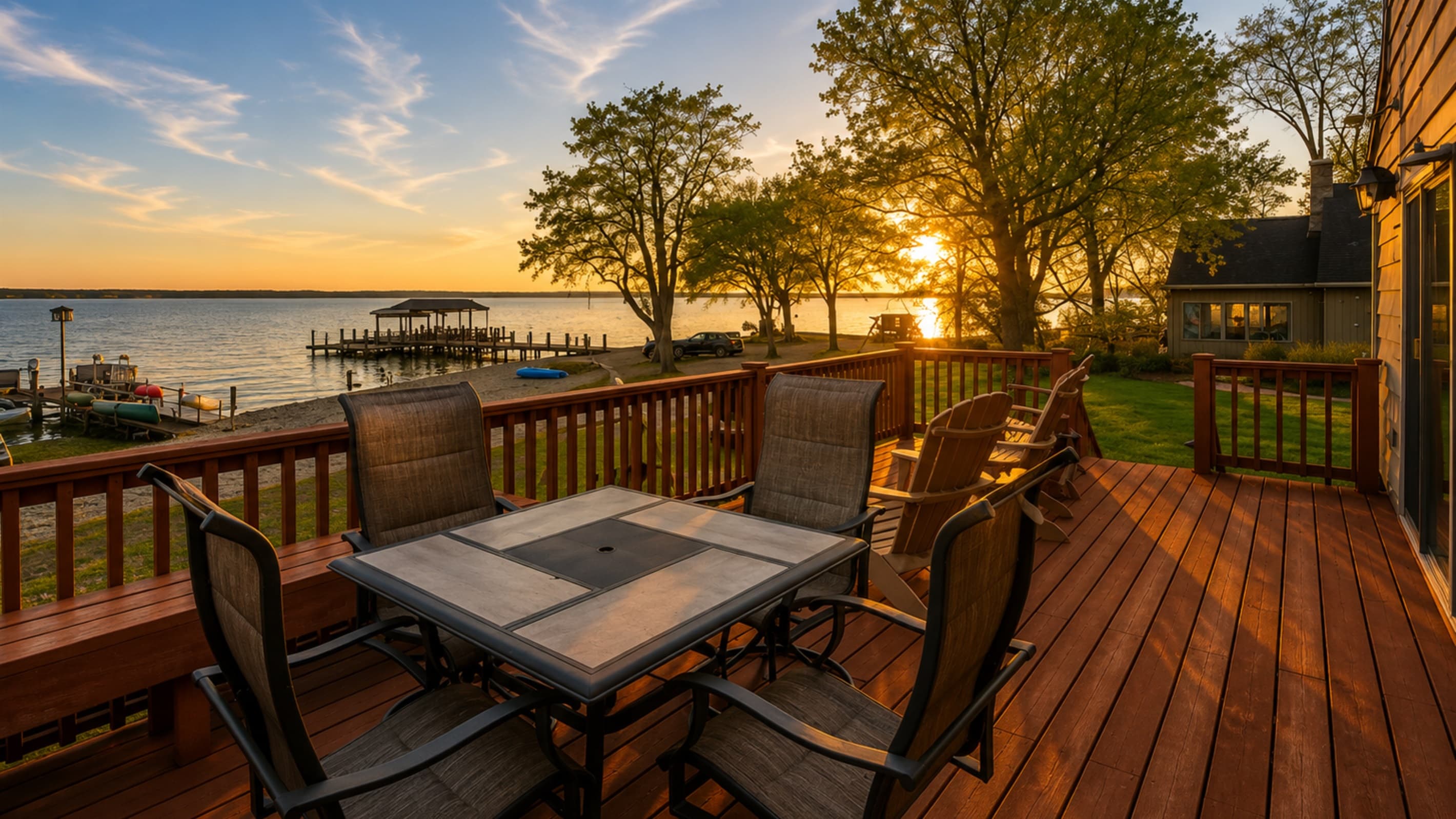 Outdoor dining table with lake views