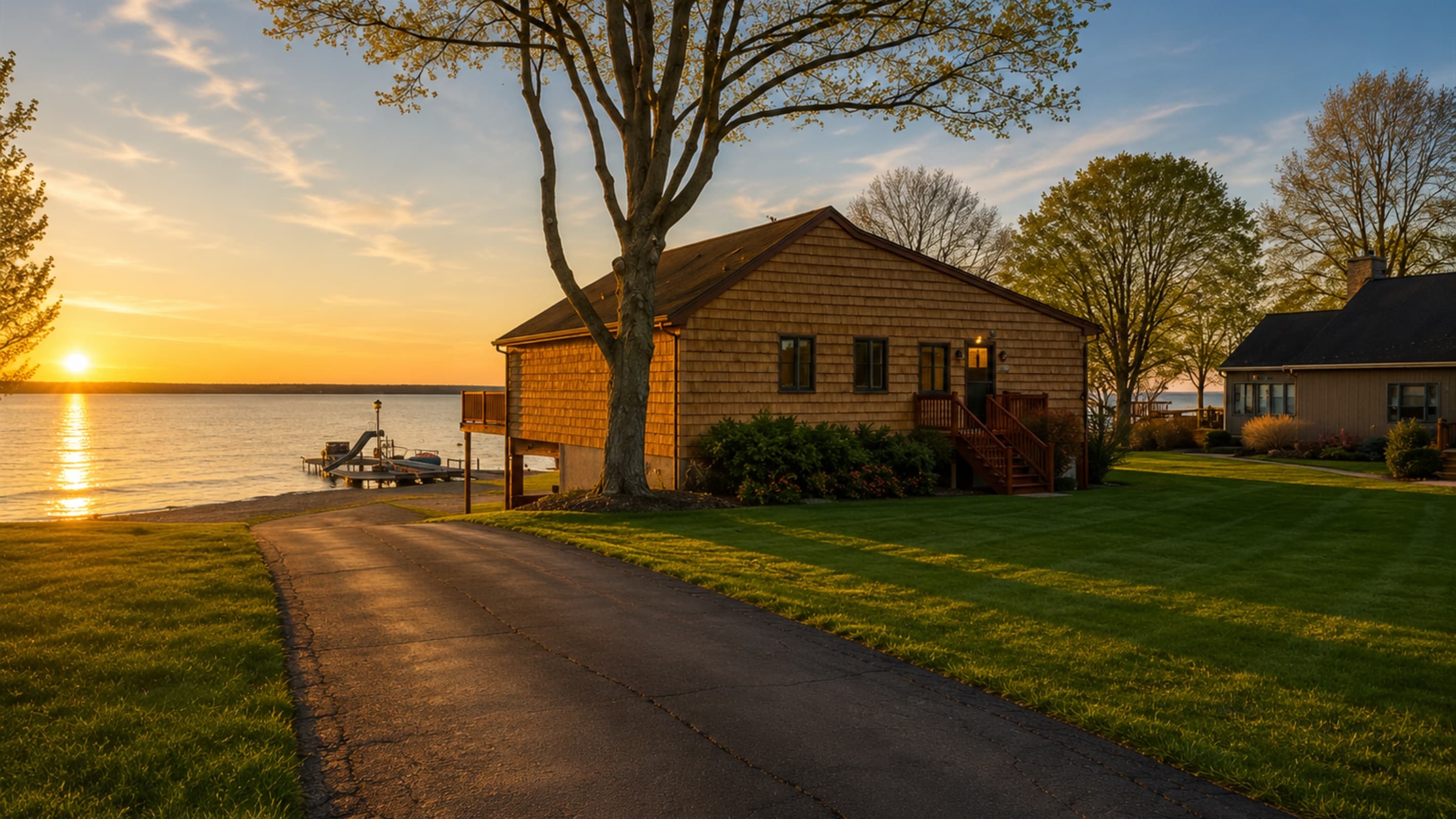 Lakeside cabin with expansive grassy lawn