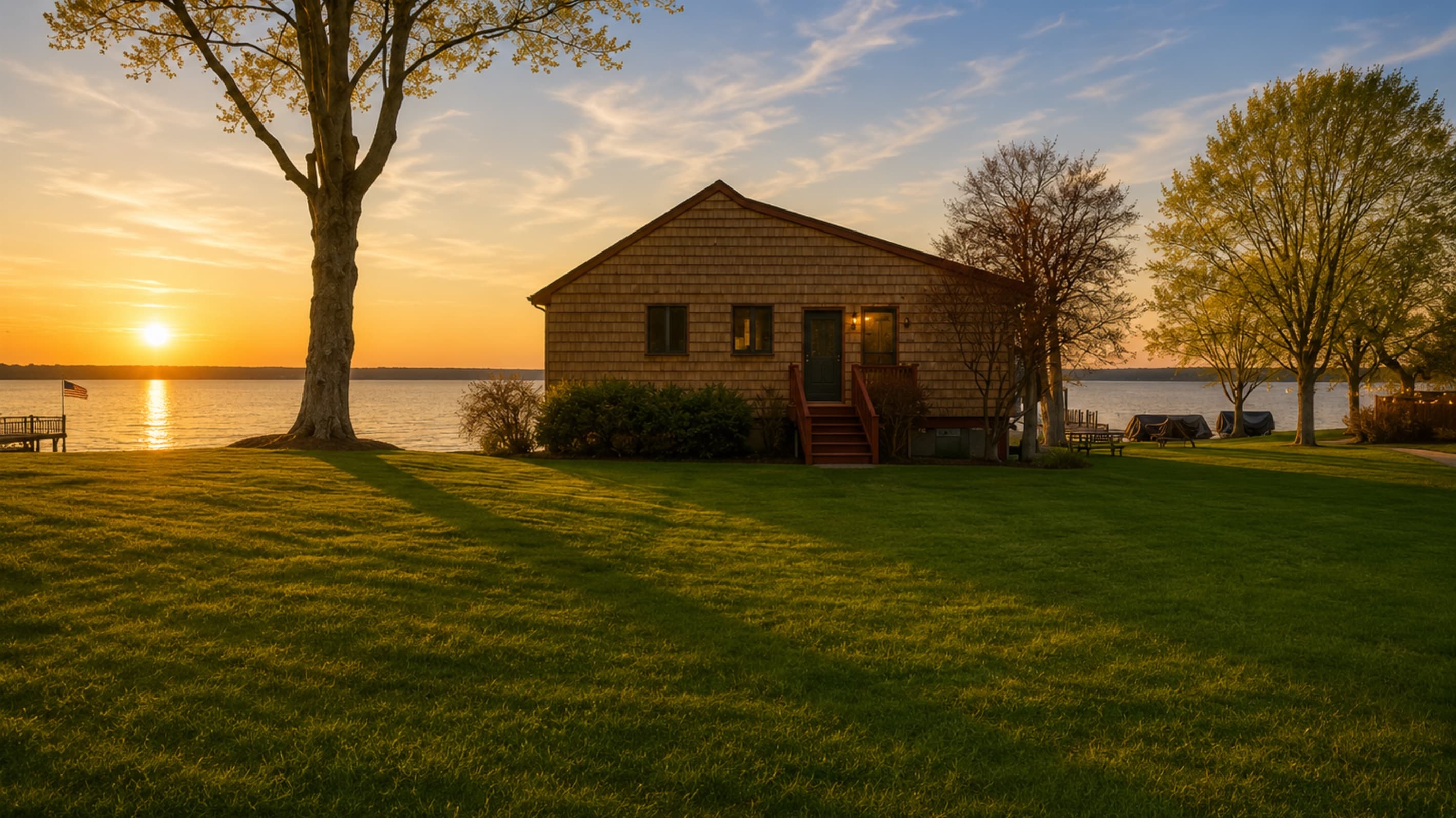 Cabin exterior framed by sunset skies