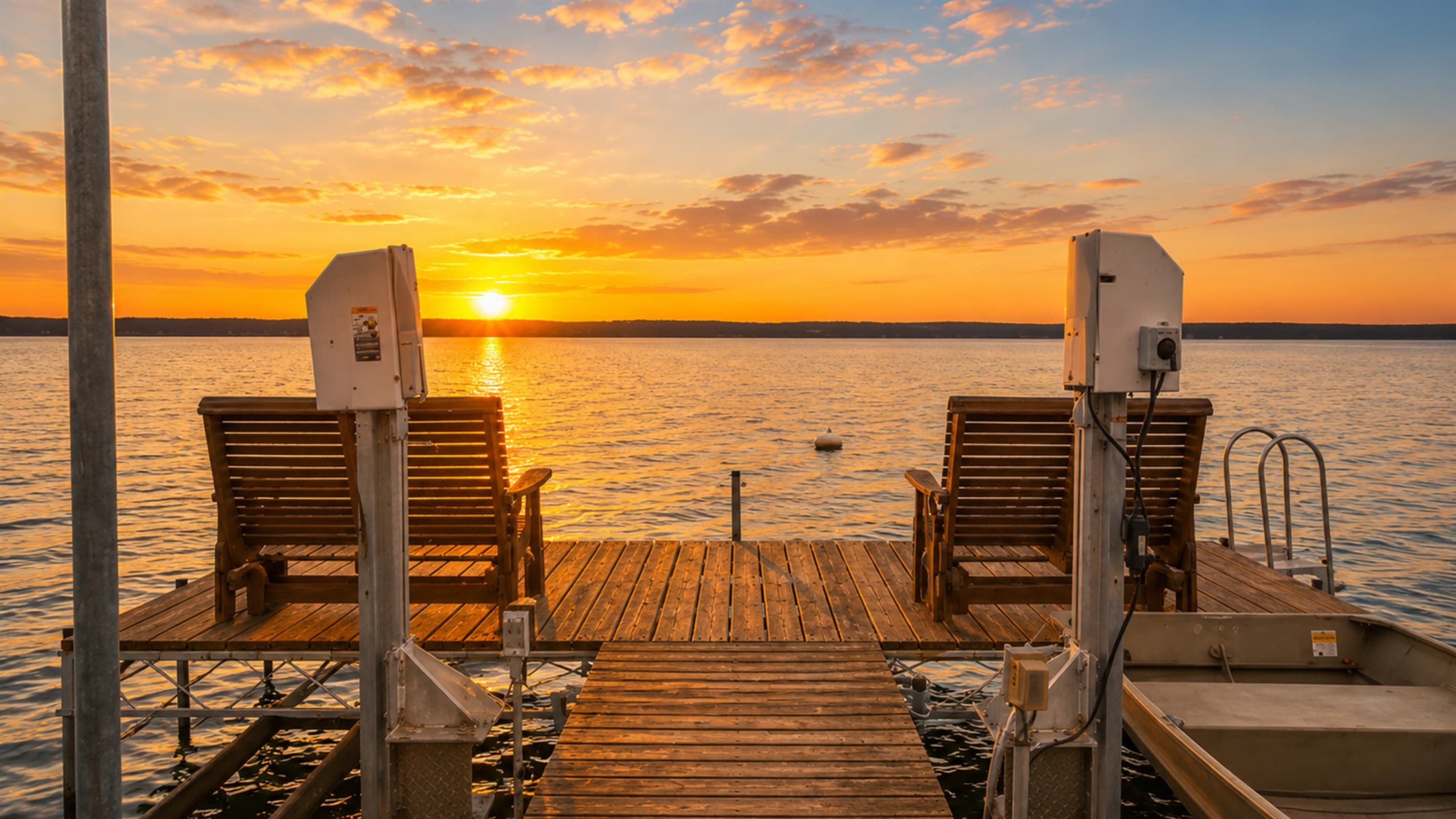 Dockside seating overlooking the calm water