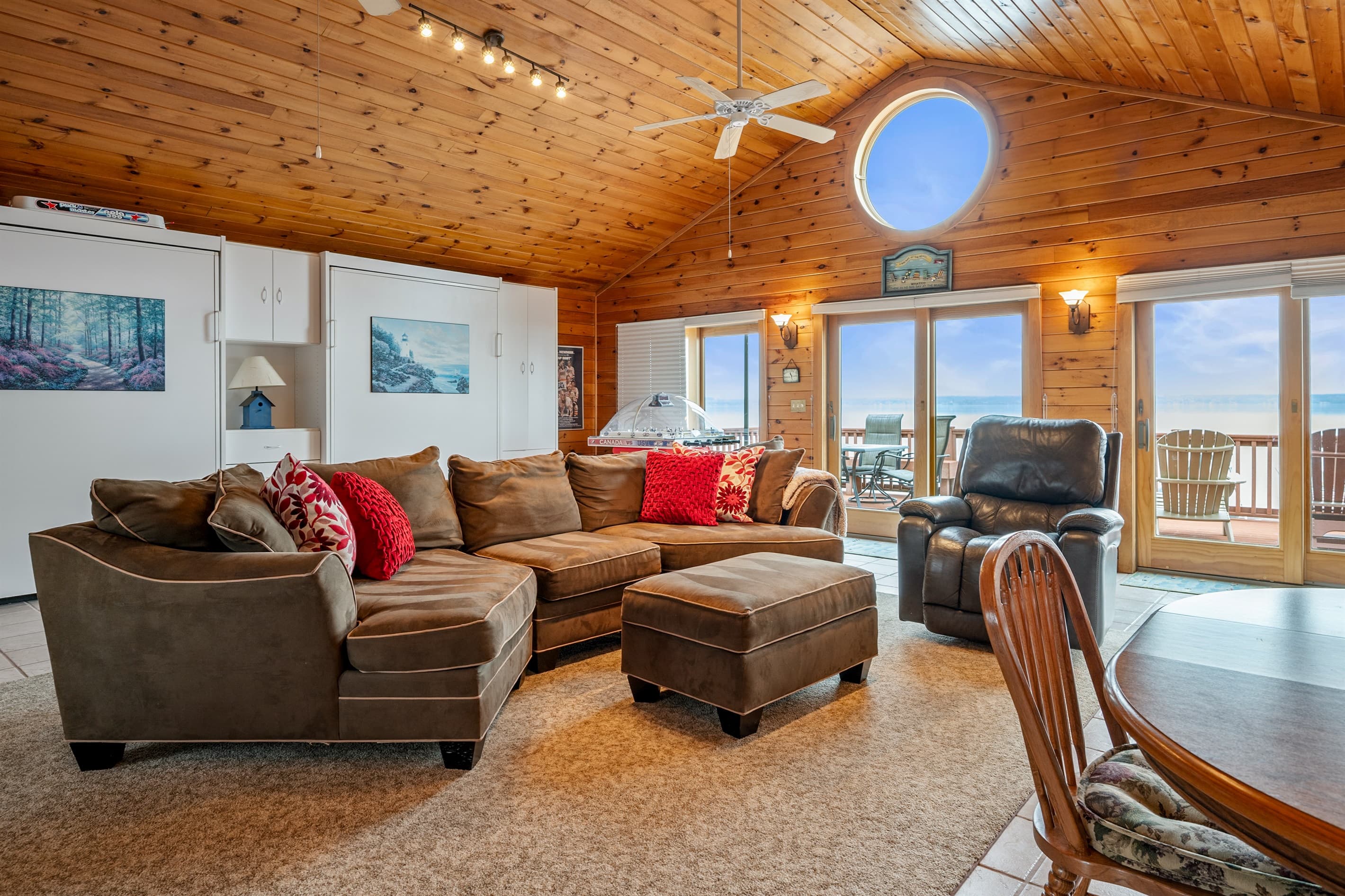 Open living room with lake-facing windows