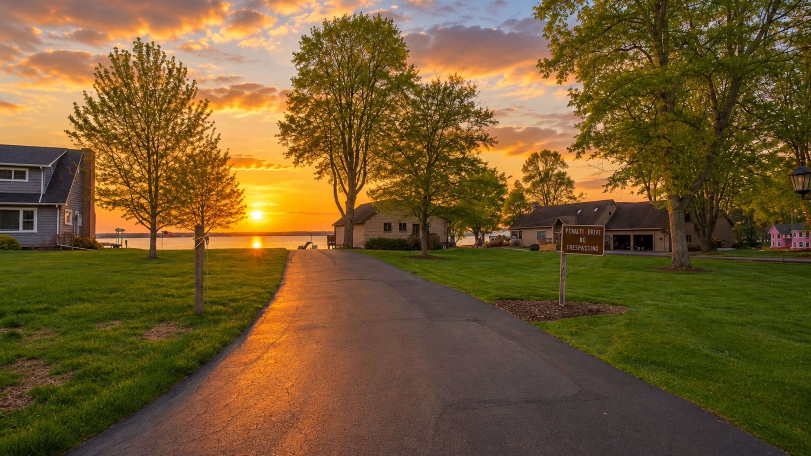 Tree-lined driveway beneath sunset skies