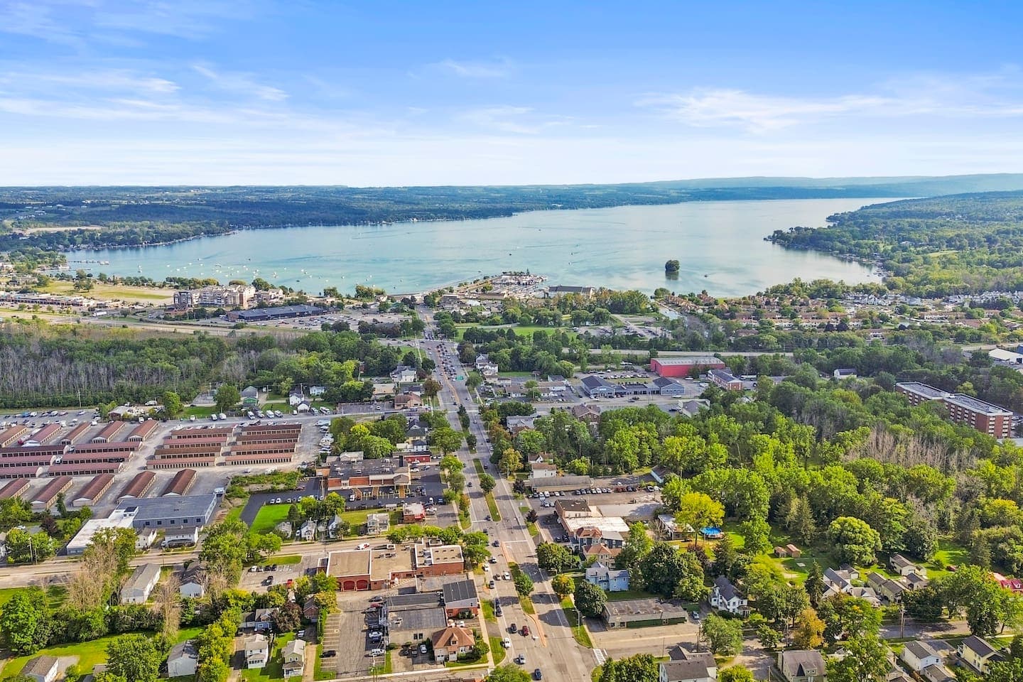 Aerial view of the surrounding town and lake