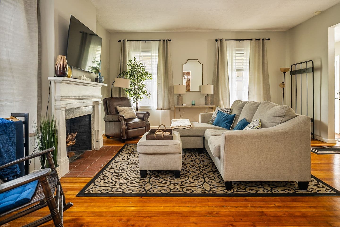 Living room with sofa and ottoman