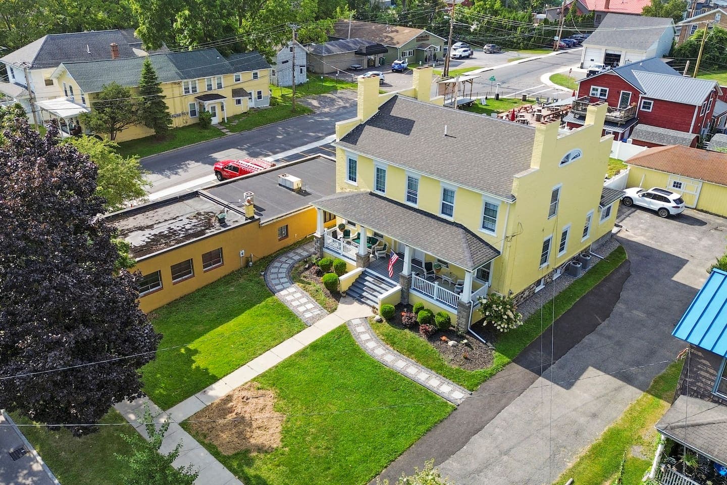 Aerial view of the home and grounds