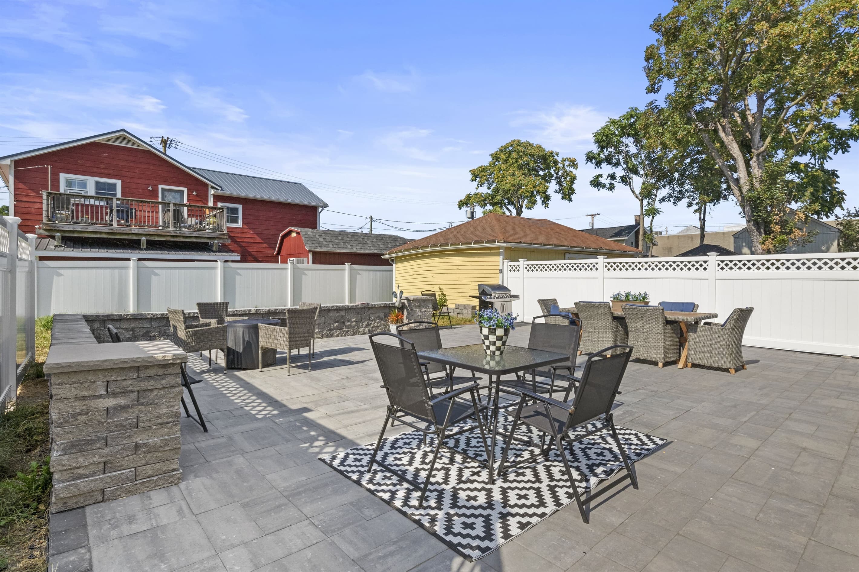 Outdoor patio with multiple seating areas