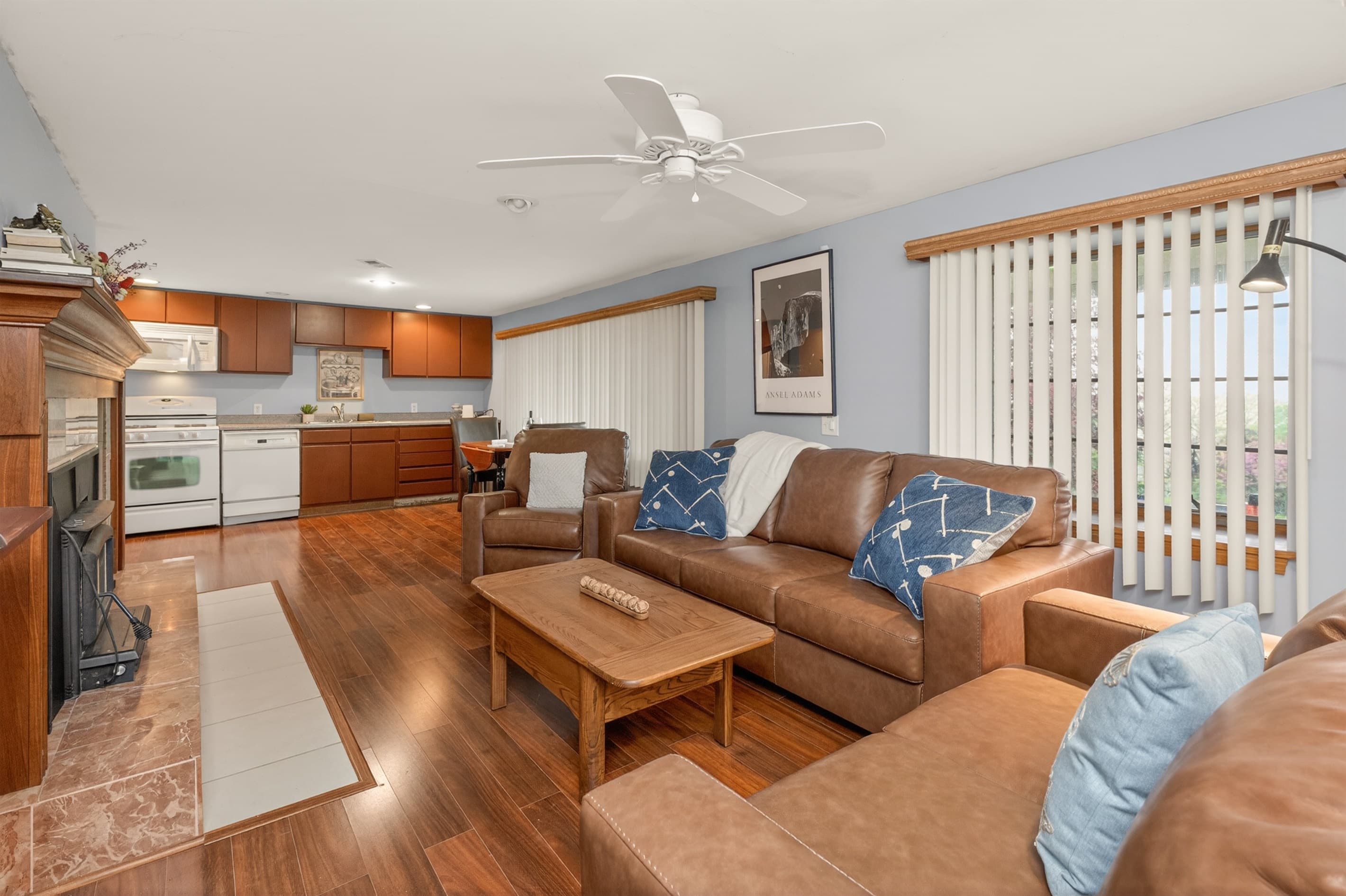 Open-concept kitchen, dining, and living area