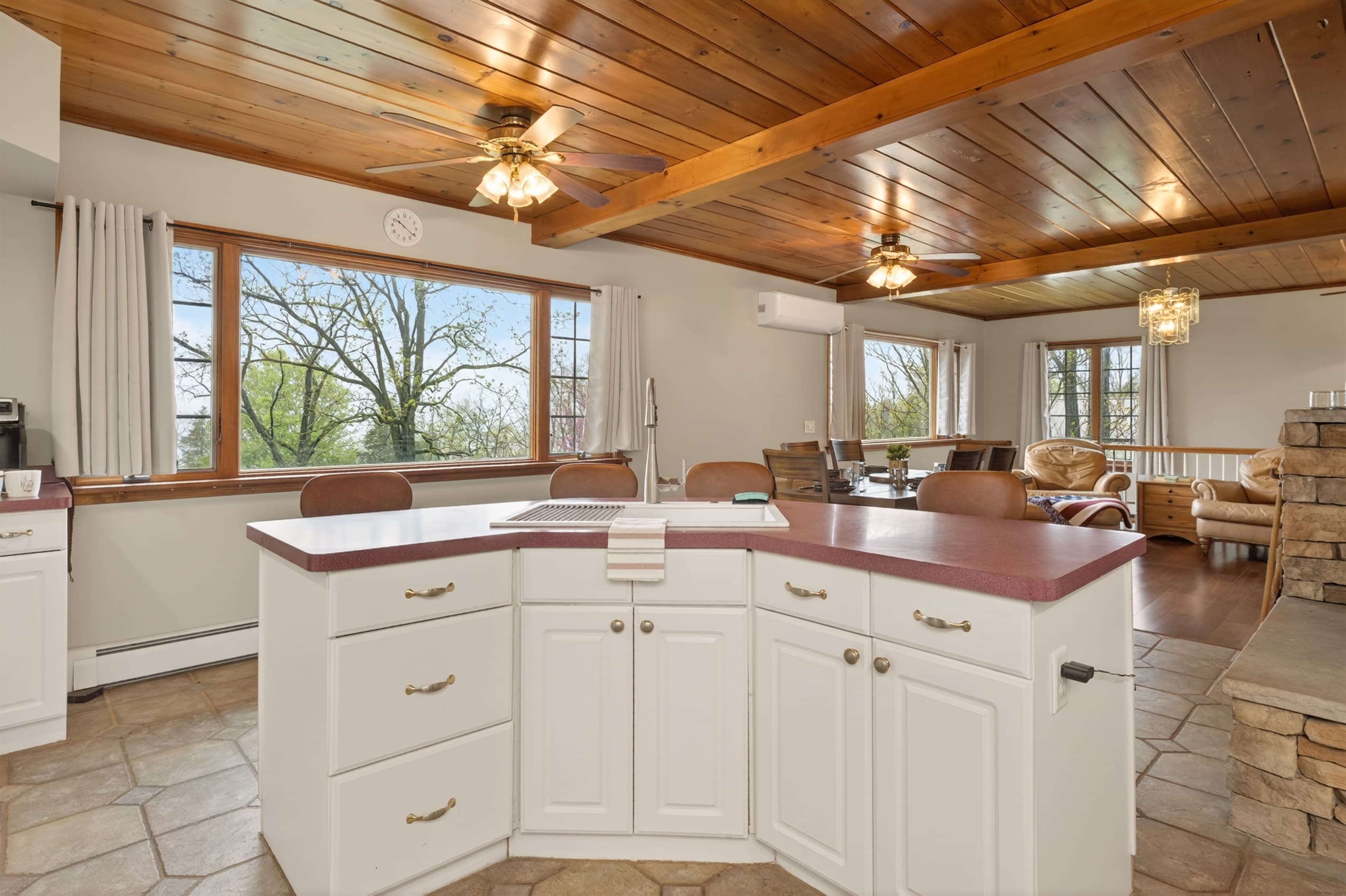 Wide view across the kitchen workspace