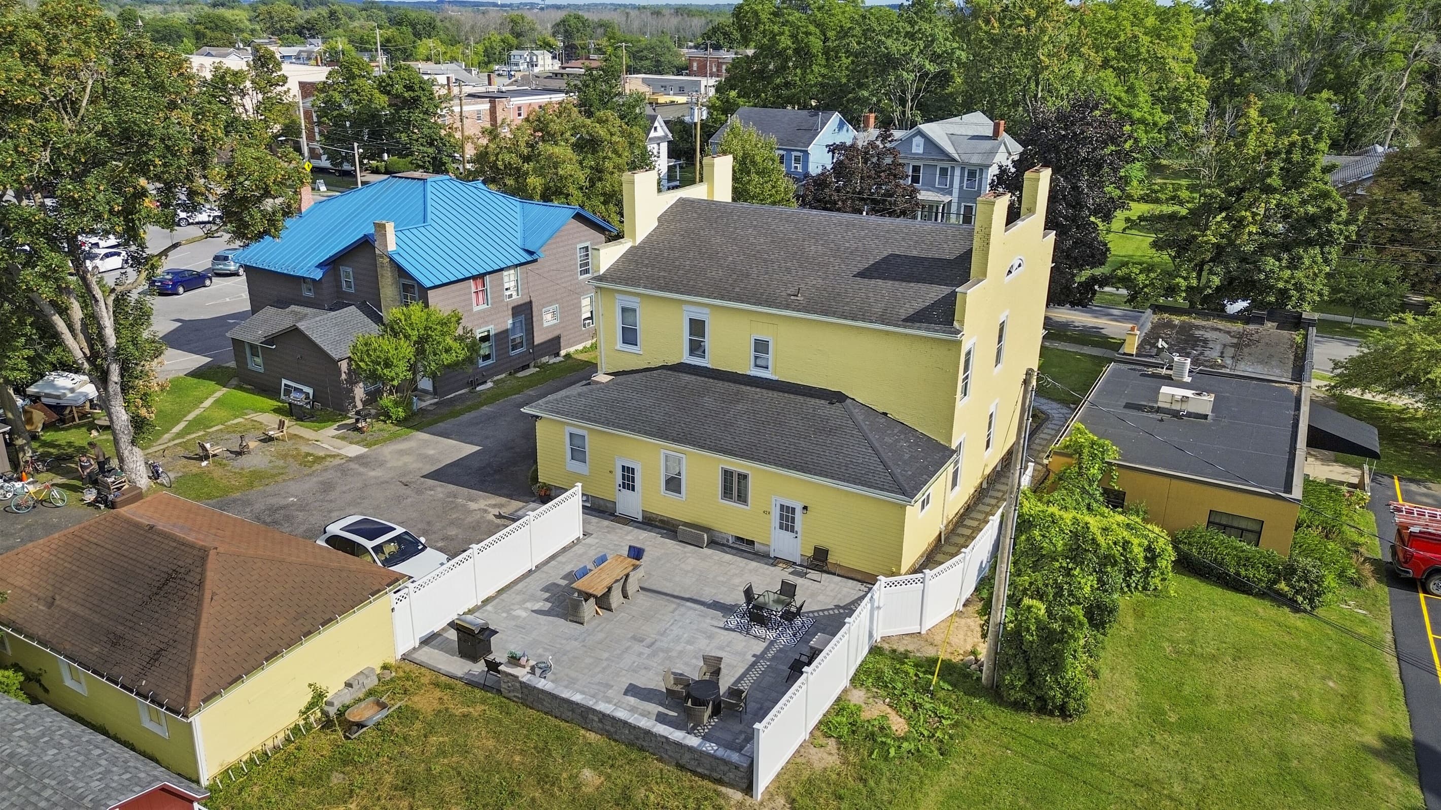 Aerial view of the home and patio
