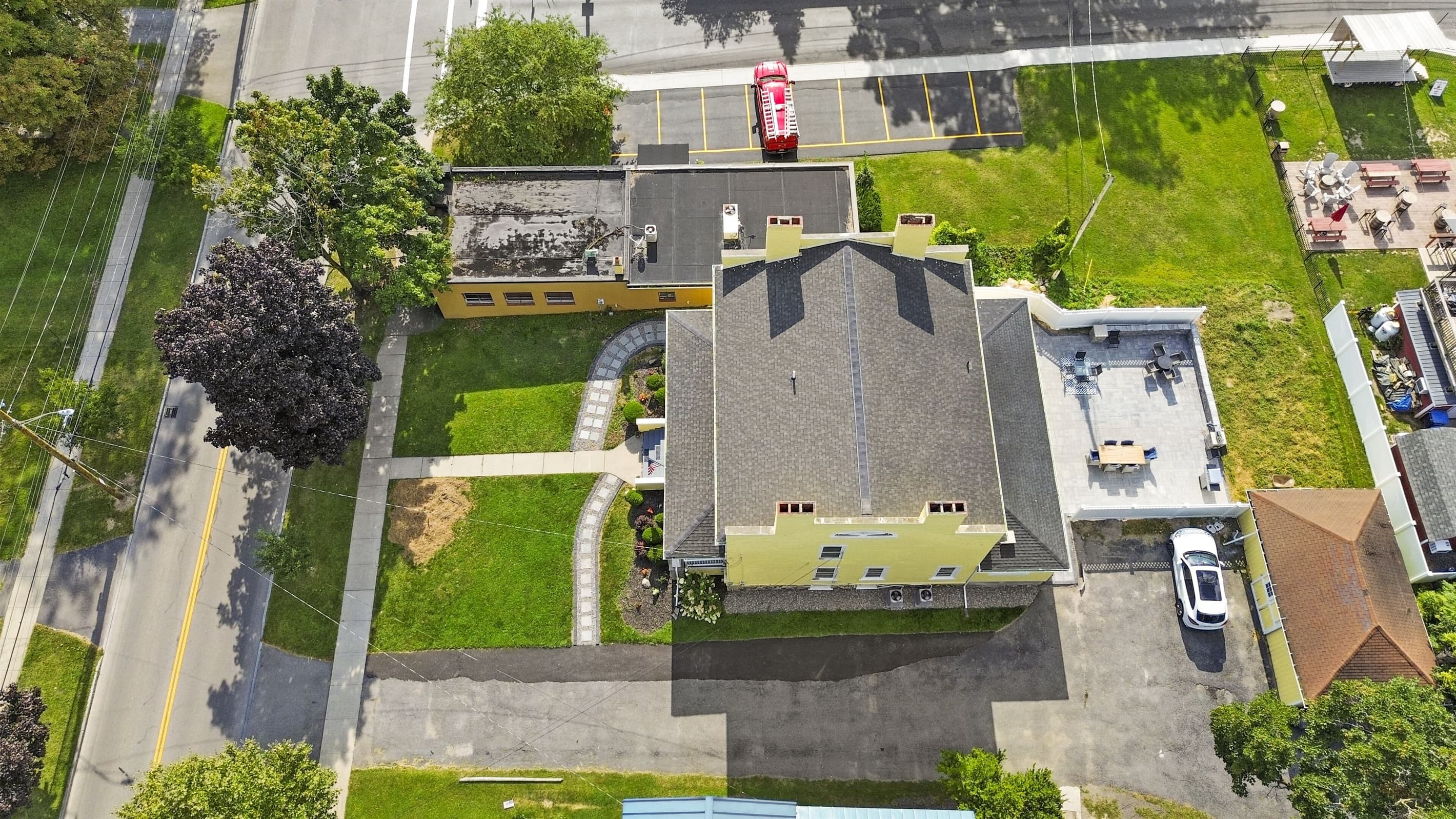 Overhead view of the building and grounds