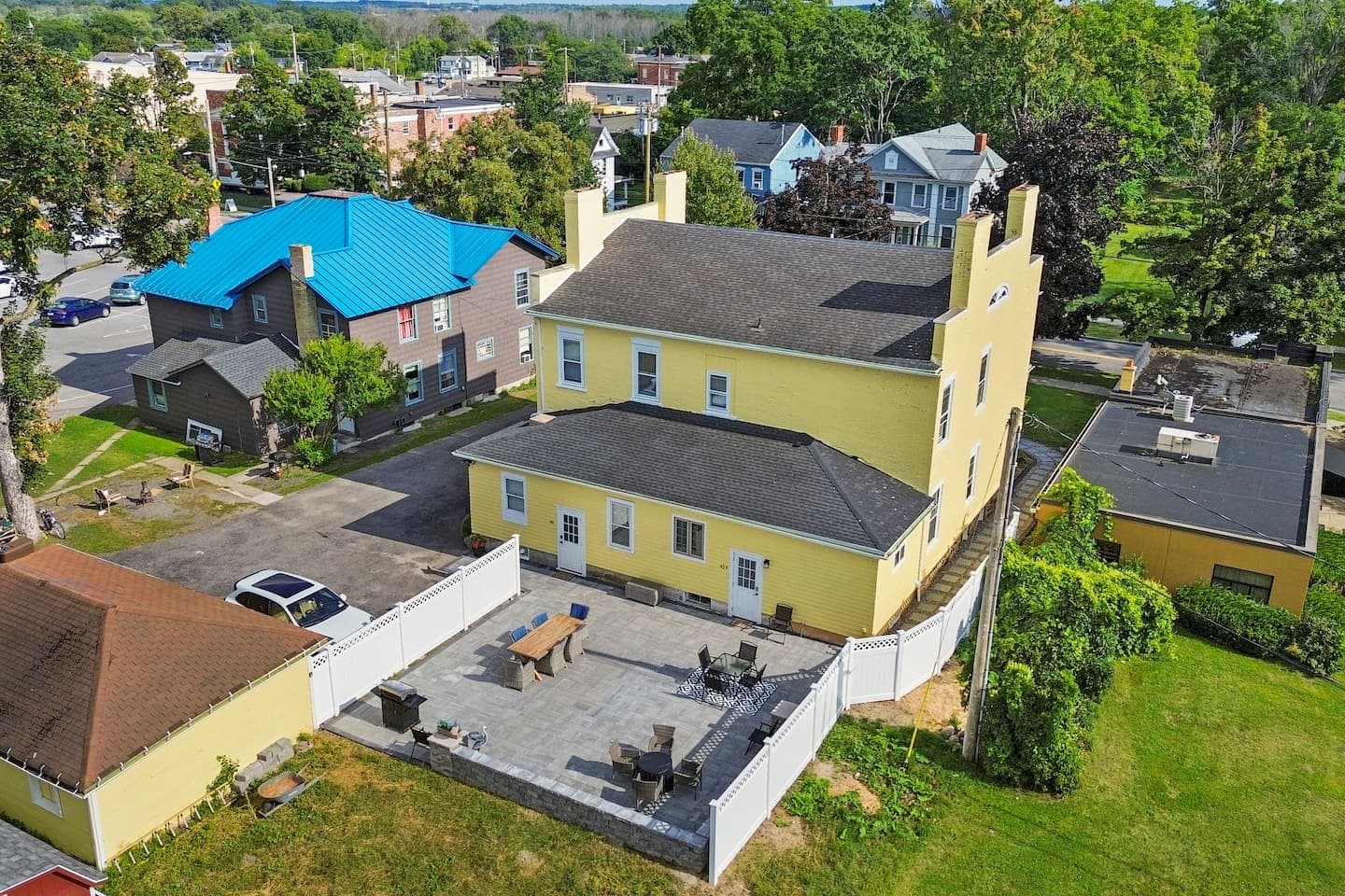 Overhead view of the building and patio
